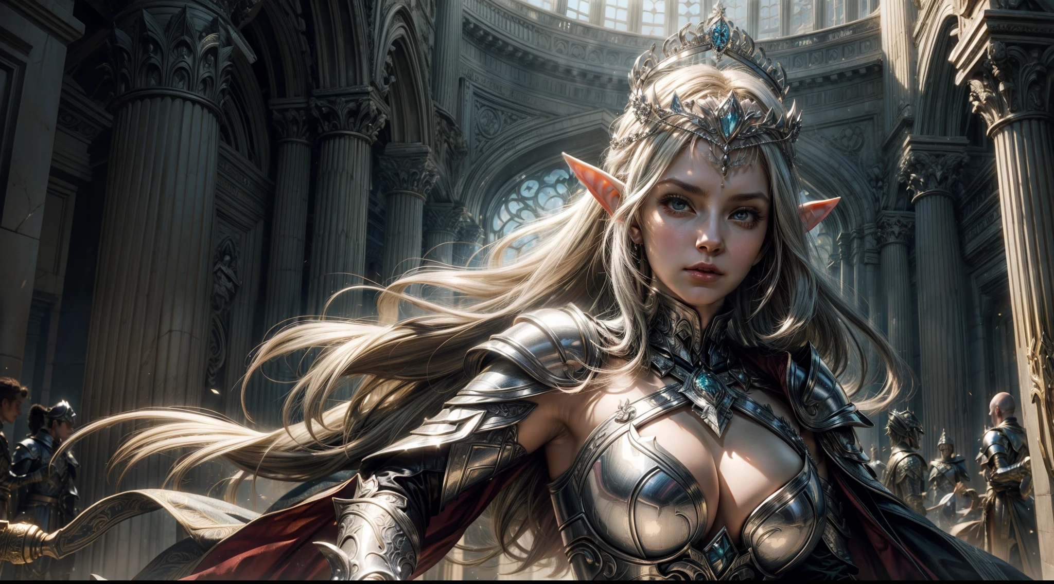 Female elf，Large breasts，Silver armor，tiara crown，dramatics，dynamicposes，The background is the palace，（Mid-range portrait：1.3），rays of sunshine，sceptre