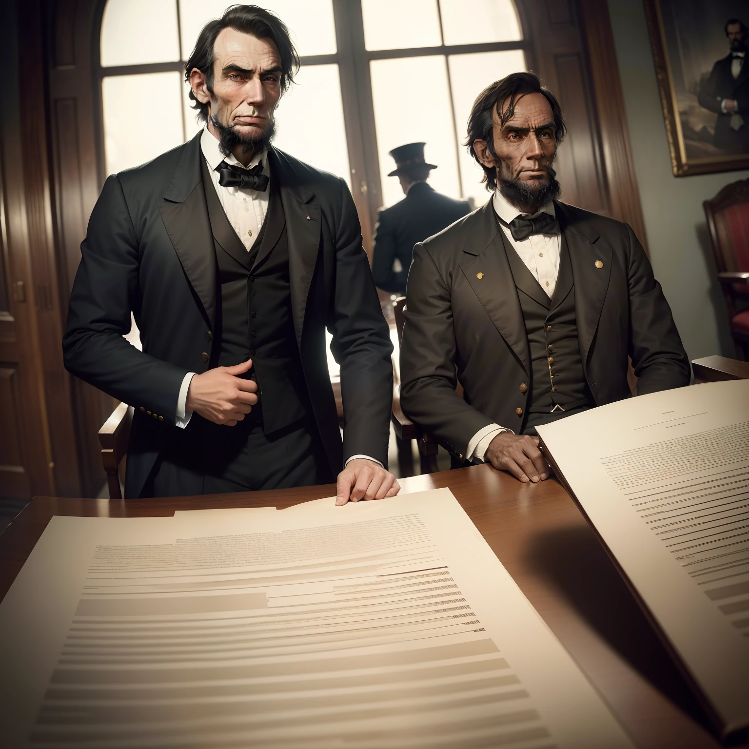 Wide angle shot of united state parliament, a scene at 1860s, american senators, (8k, RAW photo, best quality, masterpiece:1.2), ultra detailed, official art, photo-realistic:1.37, upper body shot, Abraham Lincoln is talking against slavery through the Emancipation Proclamation., film grain, action pose at senate, extreme wide angle