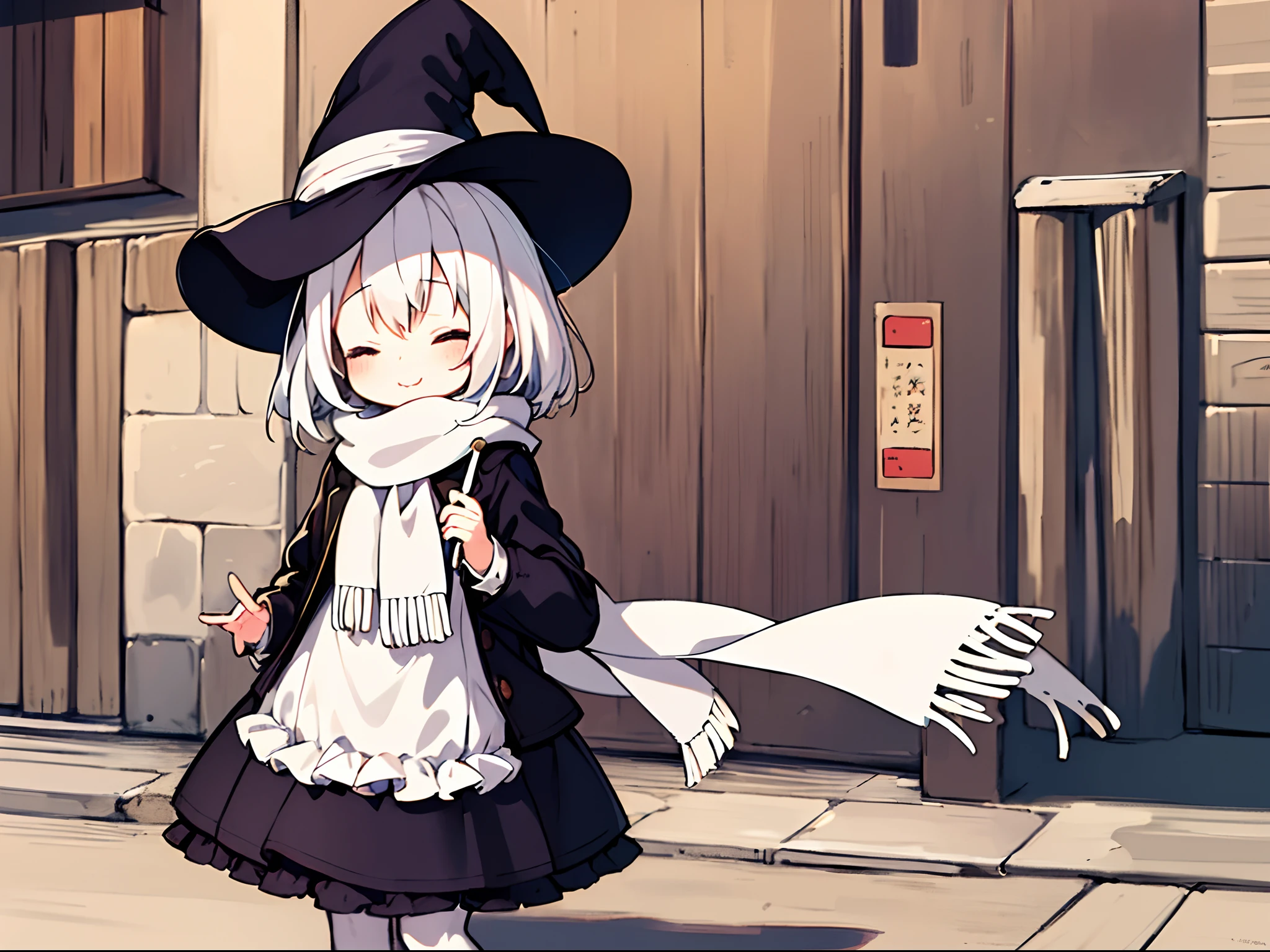 masterpiece, little witch, , cute, best quality, 1girl, white hair, medium hair , closed eyes, looking at viewer, :3, cute, scarf, jacket, outdoors, streets, 1800s