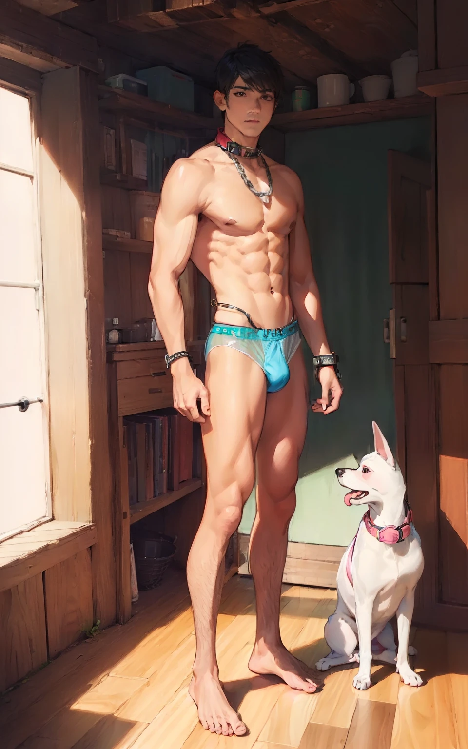 (Panhu:2),Transparent underwear,Bare feet,Abs,Thin,dog collar,Dog leash,Transparent briefs