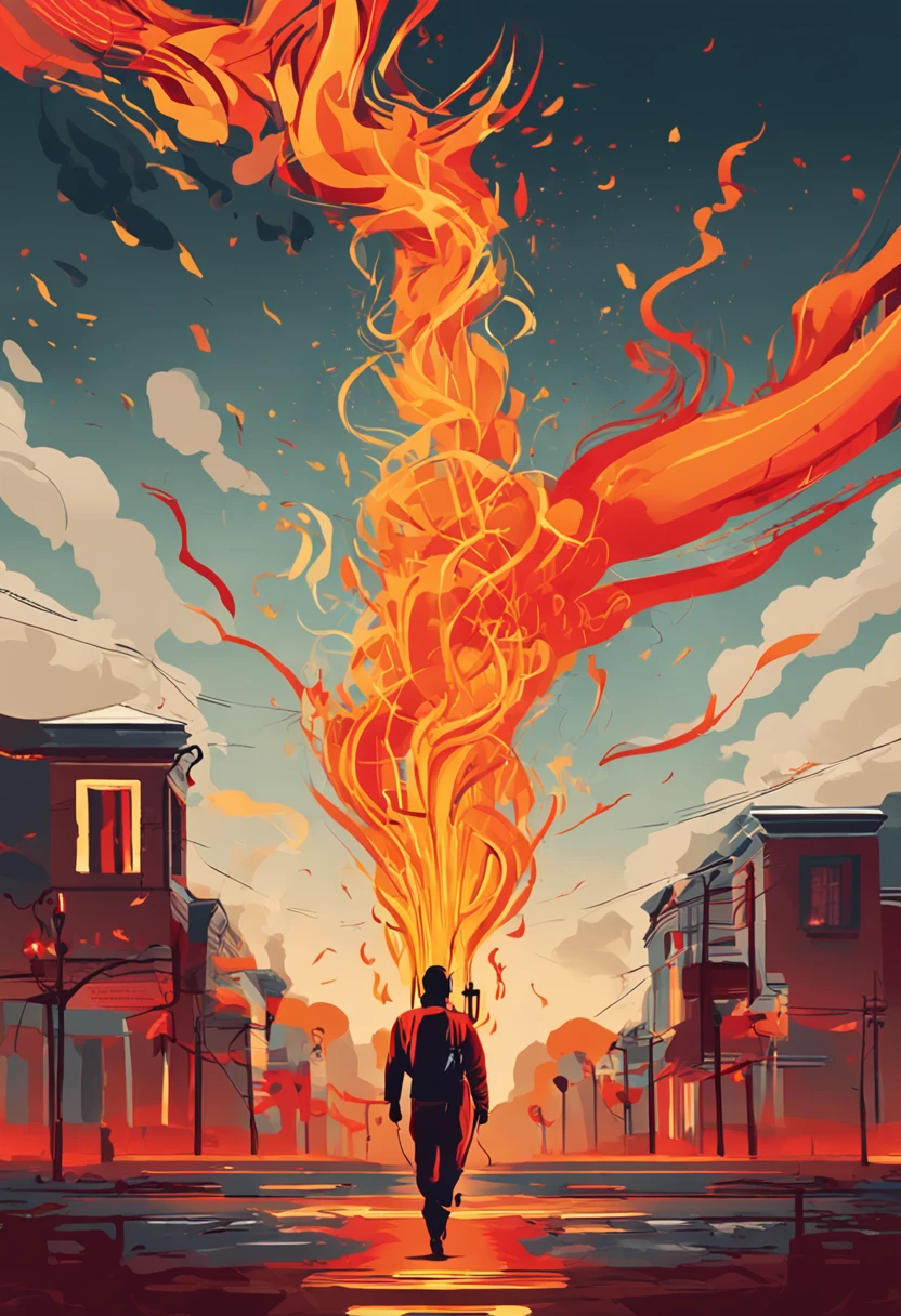 The theme of this promotional graphic is an abstract yet vibrant scene。The whole picture is dominated by orange-red colors，Create an atmosphere of burning passion。In the center of the picture，A tall figure holding a torch aloft，The flames on the torches appear a vivid interweaving of orange-red and yellow，It forms the focal point of the entire frame。The flames seem to blend into their surroundings in a flowing form。