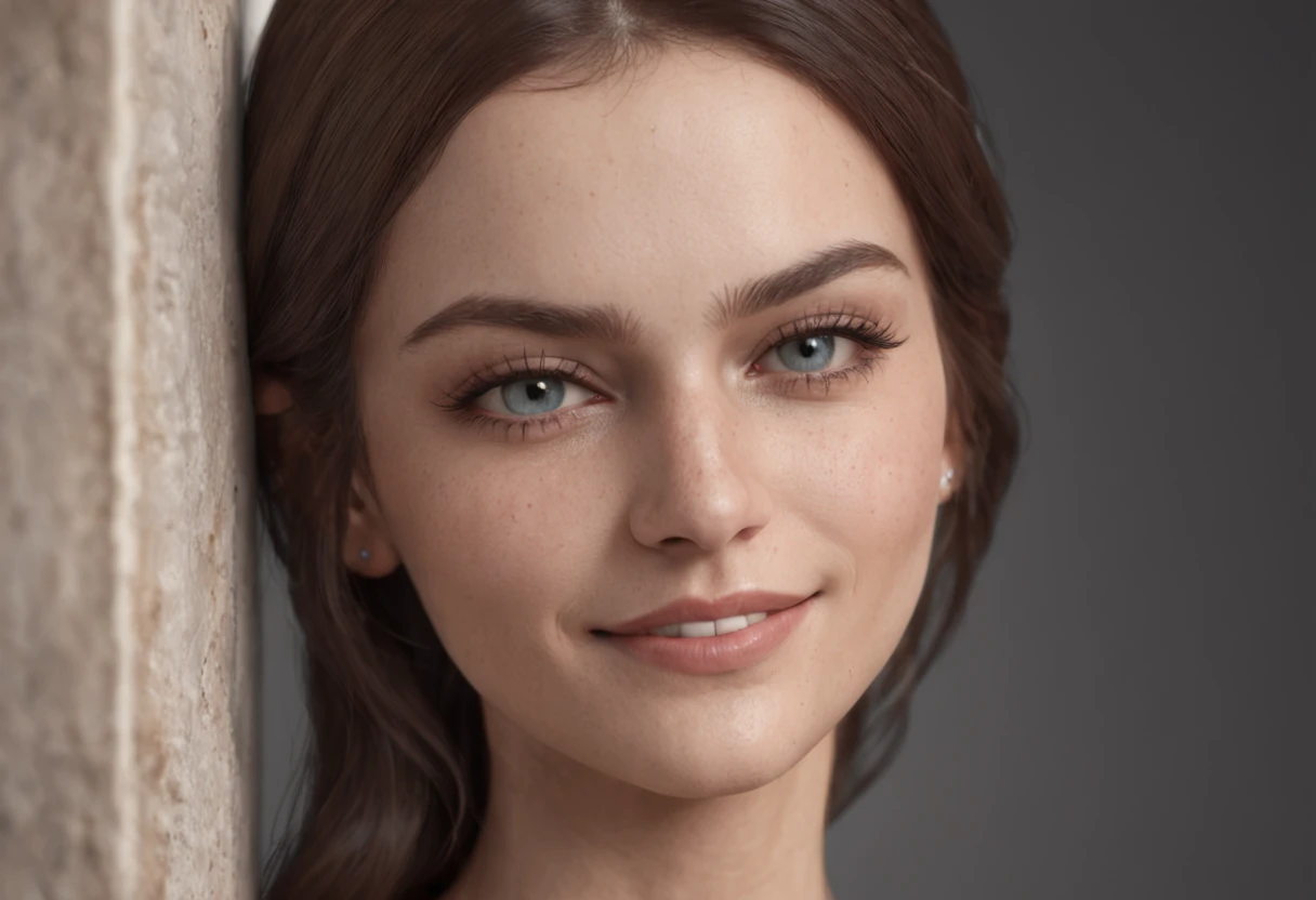 Side view,Persian woman, Smile: smooth soft skin, Symmetrical, Natural skin texture, Soft lighting, Detailed face, Has perfect blue eyes:1 Photorealism, soft pastel colors sparkling, looking at the camera in, photorealistic paintings, Sharp focus, 8K, Perfectcomposition, trending on artstationh, an award winning photograph, Unreal Engine 5, cinematic smooth, intricately details, studio photo, Highly detailed. Simple background.