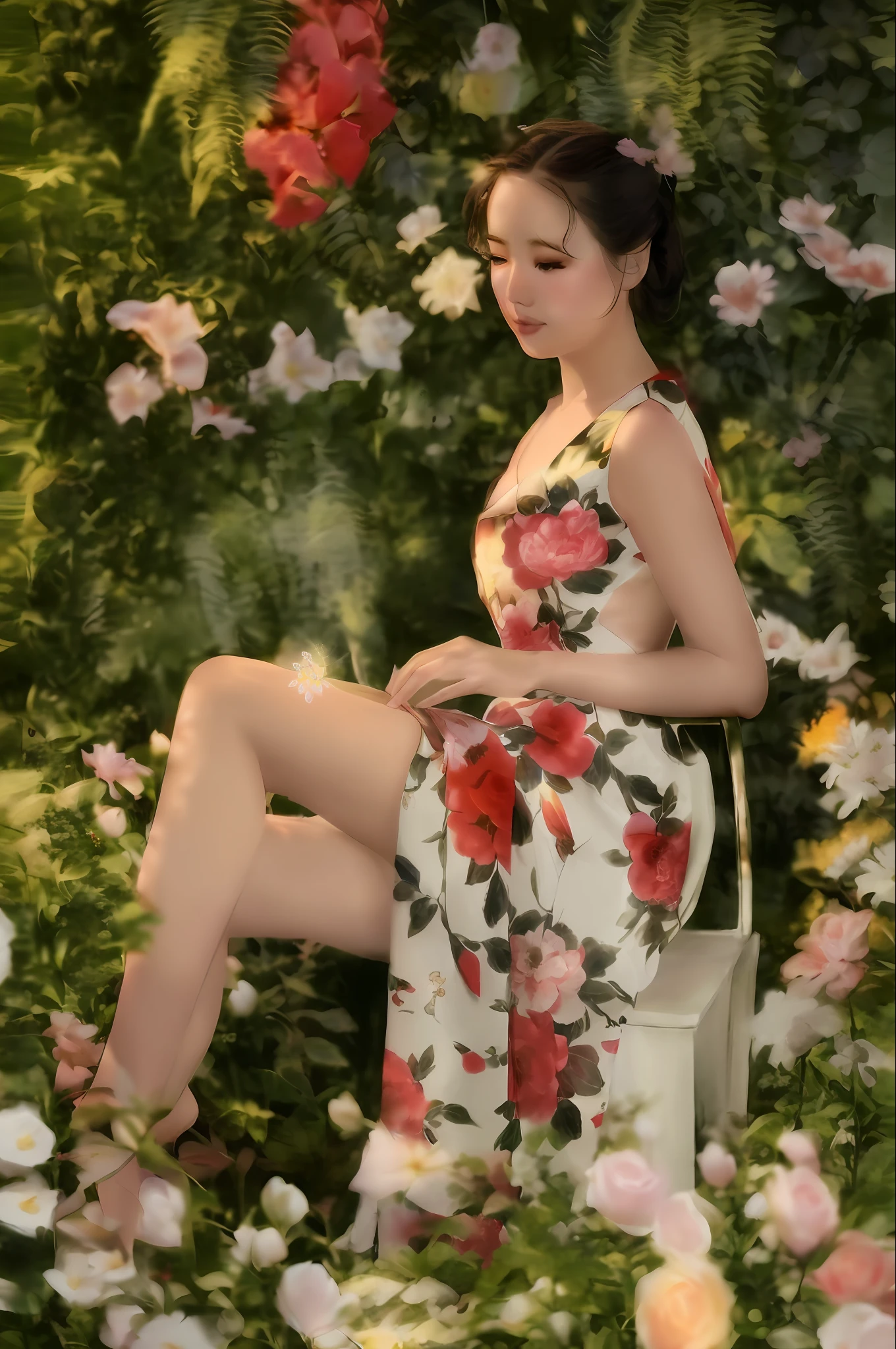 araffe sitting on a chair in a garden of flowers, flower dress, wearing a long flowery dress, dressed in a flower dress, cheongsam, flowery dress, in style of lam manh, by Ni Tian, stunning elegant pose, red floral dress, woman in flowers, lady with glowing flowers dress, cute elegant pose, floral clothes