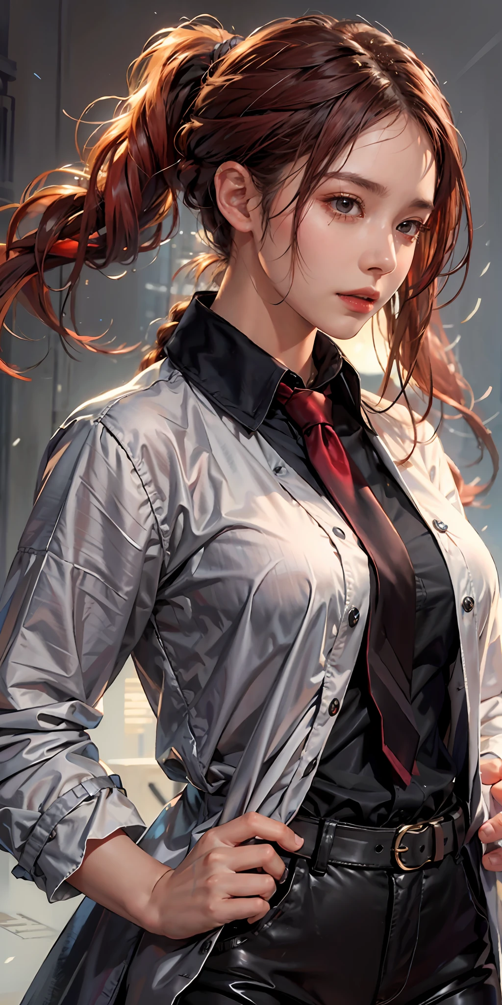 photorealistic, high resolution, soft light,1women, solo, hips up, shining skin, (detailed face), hands in pockets, braided ponytail, ringed eyes, formal, coat, collared shirt, black necktie, black pants, red hair