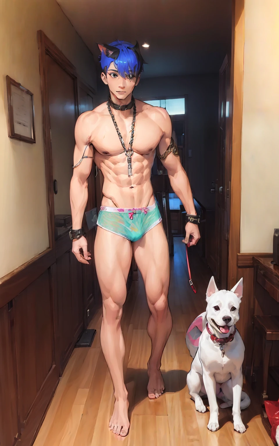 (Panhu:2),Transparent underwear,Bare feet,Abs,Thin,dog collar,Dog leash,Transparent briefs