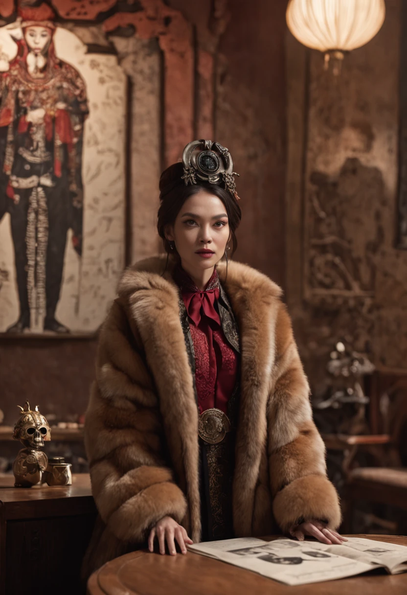 araffed image of a woman in a fur coat and pants, overlaid with chinese adverts, love death and robots, chell, pith helmet, trending on character design, the handbag is over a wood table, retaildesignblog.net, movie poster of the punic wars, iconic logo symbol, charli bowater and artgeem, neo-expressionistic