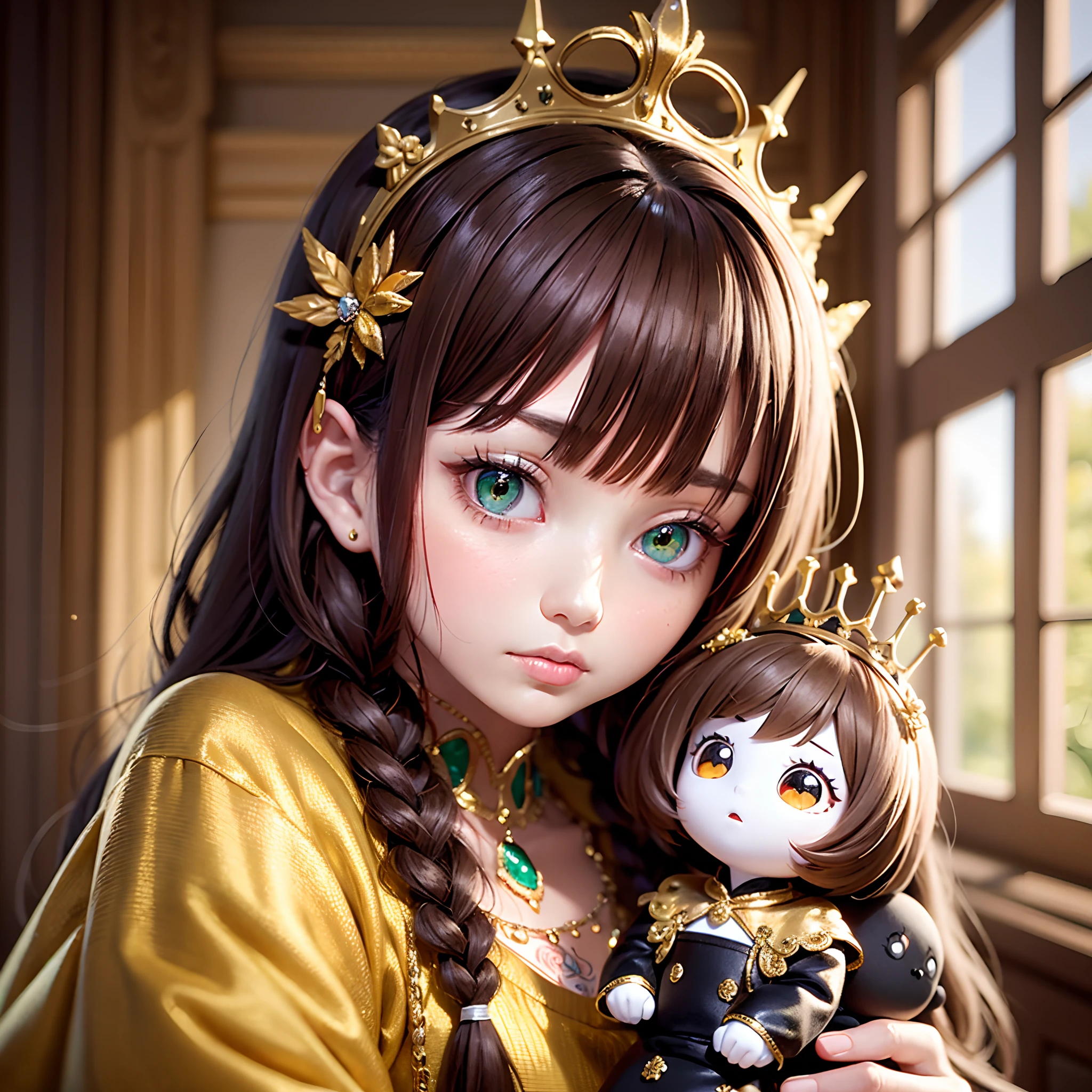 best quality, masterpiece, brown hair, red eyes, green and gold clothes, looking at camera, upper body, hair strand, Fair skin, side braids, big sad eyes, sad eyes, big eyes, rosey cheeks, small lips, holding a doll, crown of doll heads on her head, portrait, neo traditional tattoo