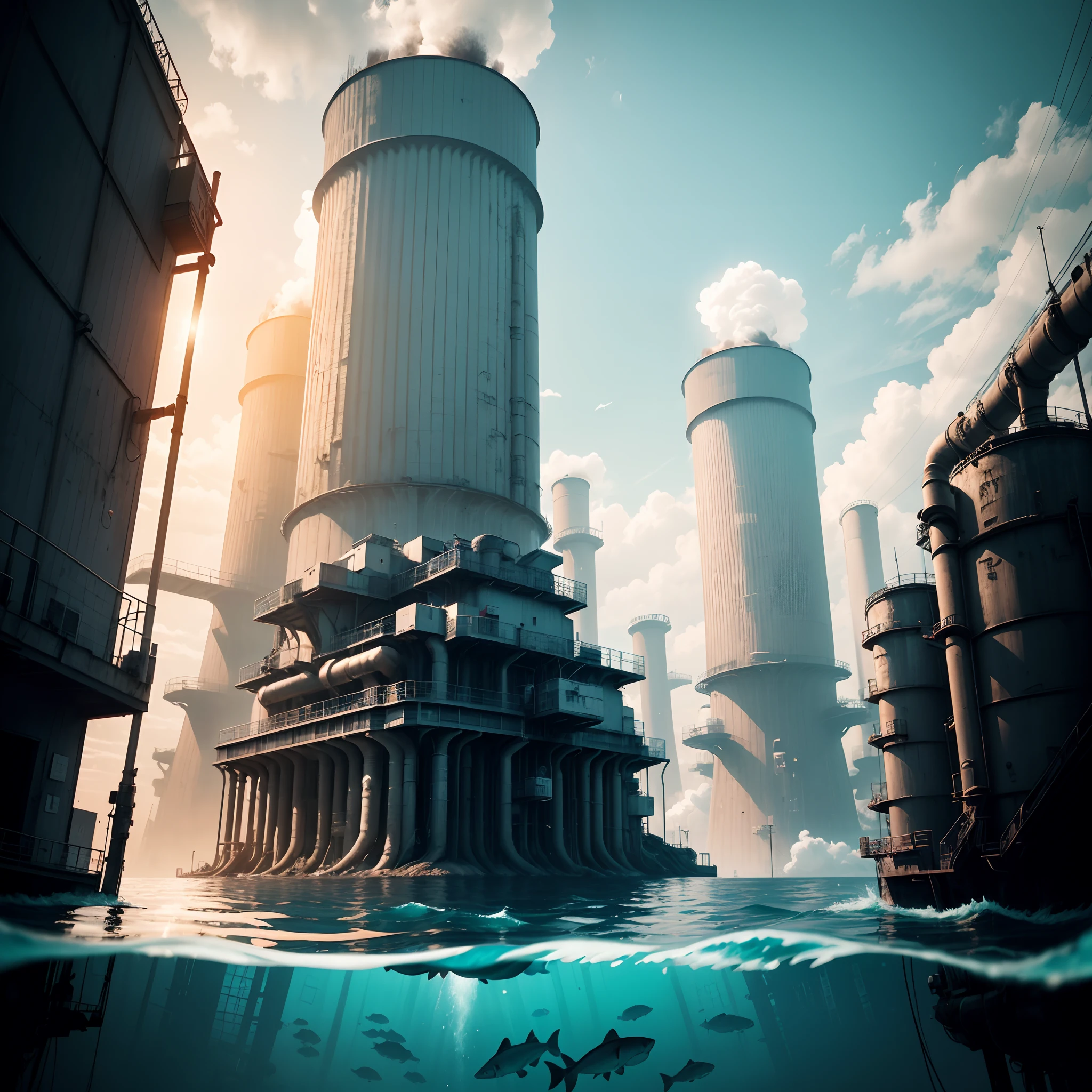 tmasterpiece,HighestQuali,Super A resolution,Best contrast,best detail,Anime style,2.2D,Eschatological,Repressive atmosphere,Islands in the distance,Huge complex,nuclear power plant, Black smoke rose from the chimney,Huge pipes were laid on the ground,A pipe protrudes from a huge building parallel to the ground,Stretch below the surface of the sea,Polluted seawater,Fish and shrimp died,Floating on the surface of the sea,The sea water is polluted