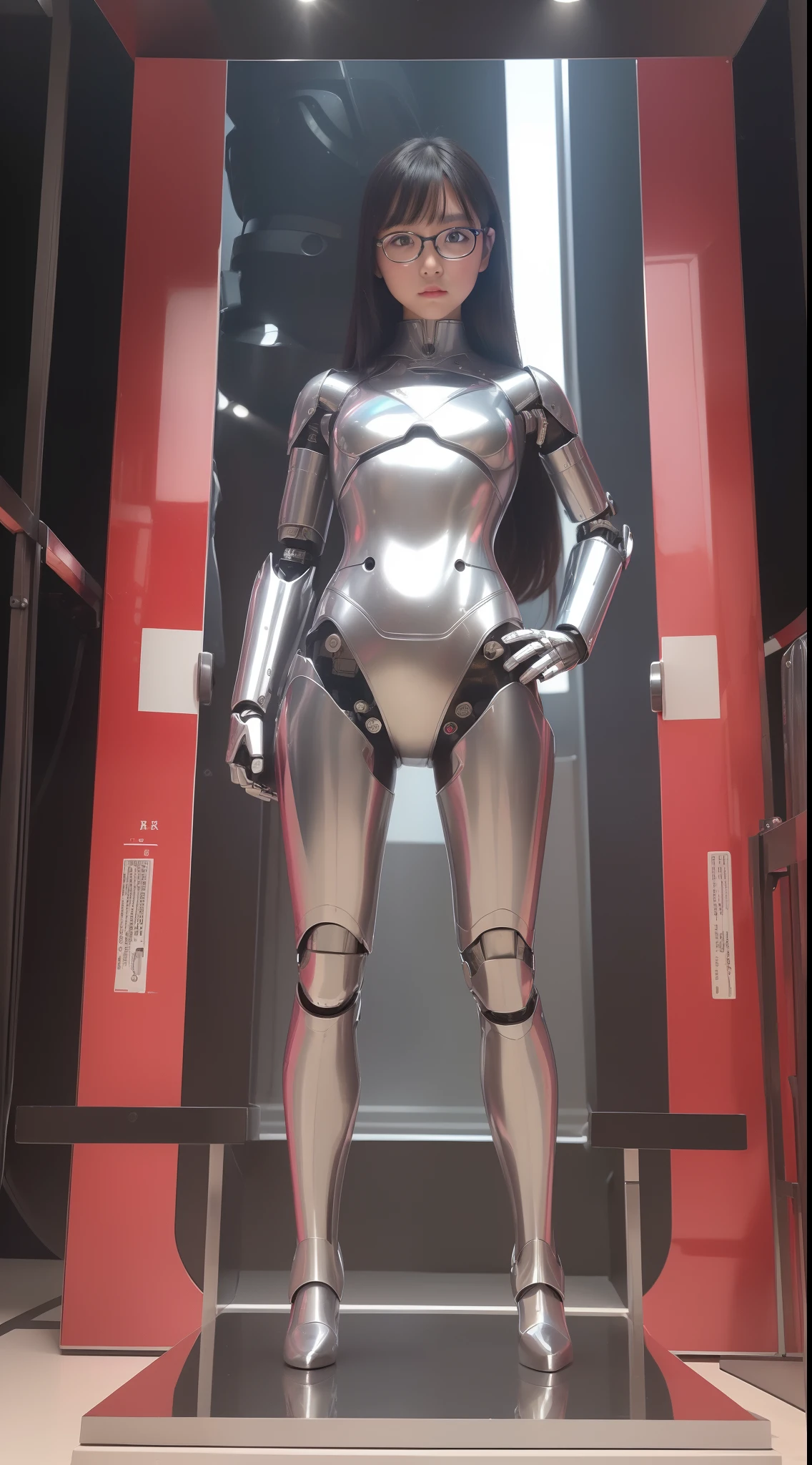 (Photorealsitic:1.4)、Onegirl、(top-quality)、(hyperdetailed face)、(Super well-formed face)、((Robot Parts))、(Robot Girl)、(Silver)、(bloo)、(metalic)、(fullllbody)、(sexy pose)、(Slender body)、(Model body type)、(full body mech)、(mecha exposure)、(akihabara)、(is looking at the camera)、(A dark-haired)、(10Head and body)、(a small face)、(Idol)、(front facing)、(Standing with legs open)、(Hands on hips)、(Photo session)、(Looks sad)、(Olga)、(Prescription glasses)、(Prescription glasses with thin rim with red metal frame)