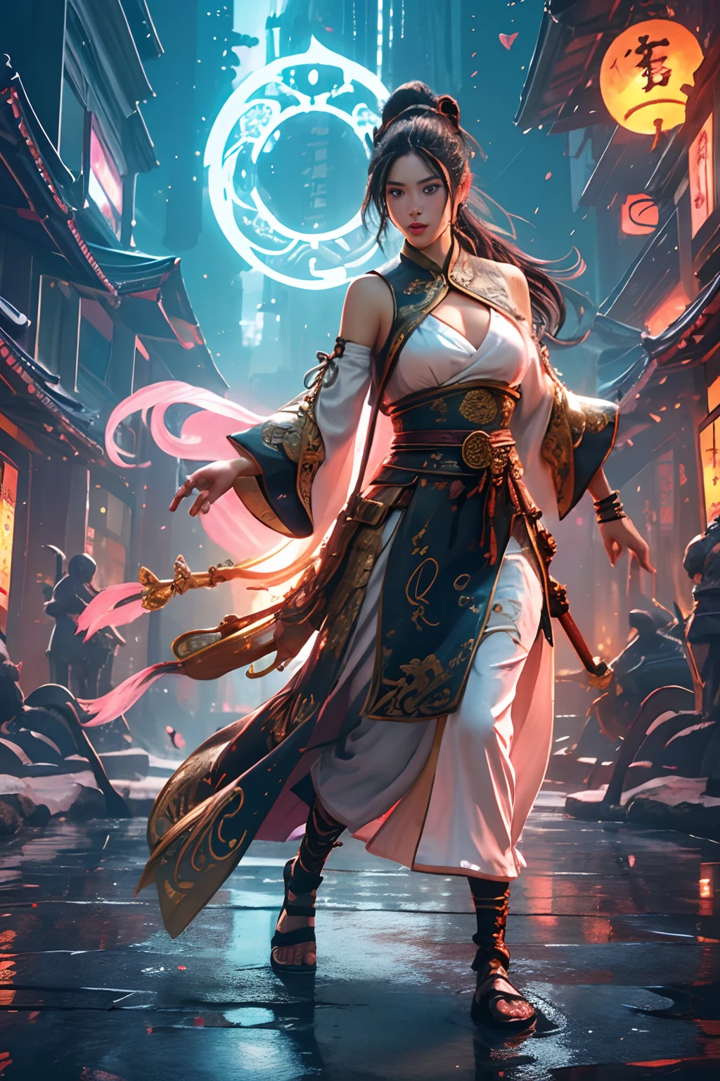 Best quality,masterpiece,ultra high res,(photorealistic:1.4),xiuxian,weapon,Detailed face,
1girl,solo,weapon,cleavage,(magic circle:1.2),xiuxian,upper body,Beautiful girl,full body,east asian architecture,sheath,architecture, ((professional 3d render)), ((Realistic)), (((Japanese ethnic dress))) female warrior, three-dimensional art objects, cute seduction, (((big blue eyes, thin pink lips, thin nose, long black wet hair))), open mouth while smile, emphasizing slender abs, Detailed eyes, passionate body, high-ponytail hair style, / shoulders exposed, / decorated arm sleeve, wear arm cyberpunk sleeve, wear tight Fishnet Stockings, strappy sandals/ extremely detailed,((fractal art)), colorful, highest detailed,((zentangle)), (dynamic pose), ((many colors)), location garden with riverside and rock or temple or bridge, night lantern, colorful abstract on outfit, Figure, blind box, ( Disney style), high qulity, high detail, (super-fine), 16K resolution, (Macro lens), ((Master's work)),((full body view)),(Basic diagram model),(Traching),gold, ((Dominated color gold, black))
