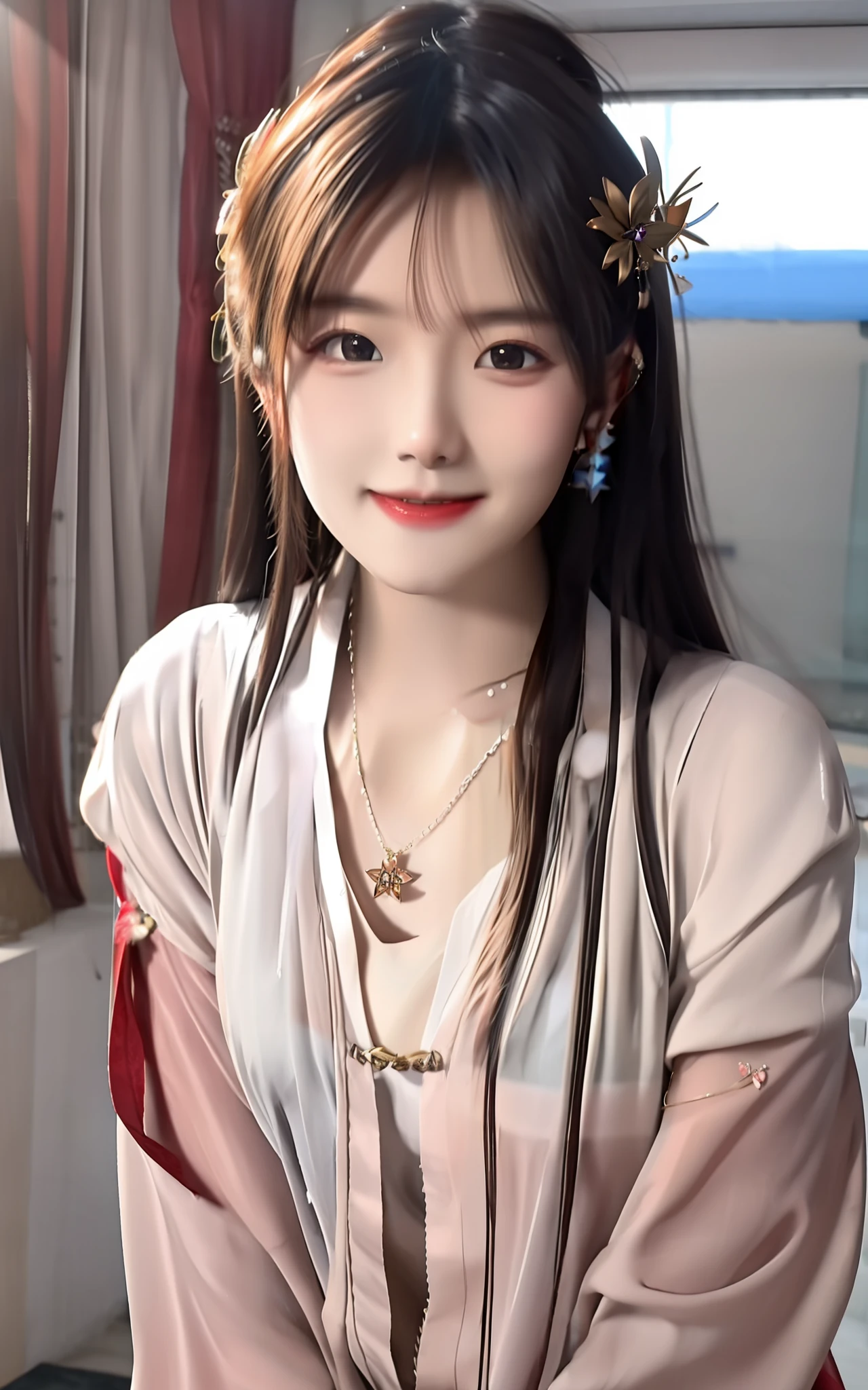 best quality, masterpiece, highres, 1girl,blush,(seductive smile:0.8),star-shaped pupils,china hanfu,hair ornament,necklace, jewelry,Beautiful face,upon_body, tyndall effect,photorealistic, dark studio, rim lighting, two tone lighting,(high detailed skin:1.2), 8k uhd, dslr, soft lighting, high quality, volumetric lighting, candid, Photograph, high resolution, 4k, 8k, Bokeh