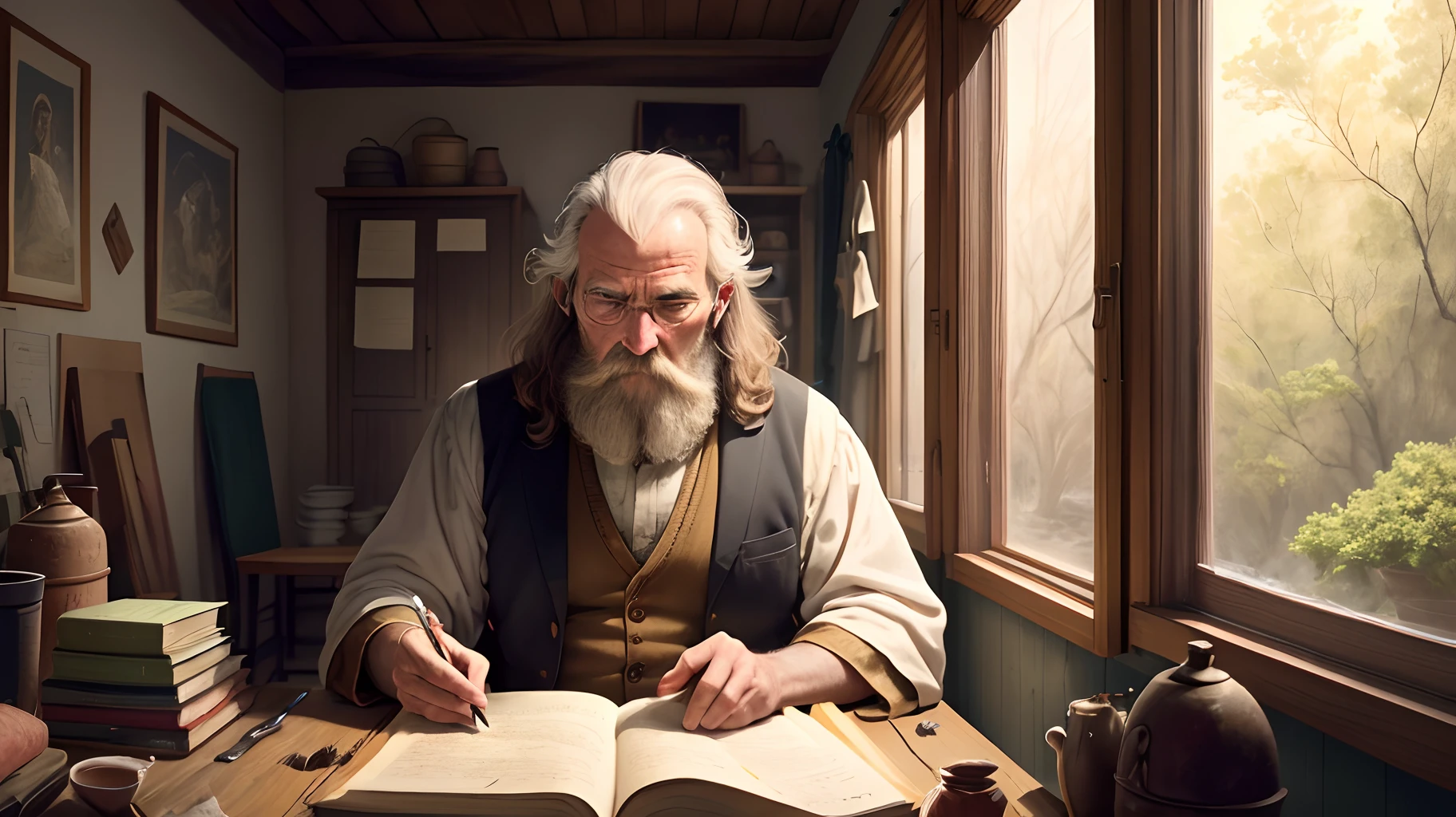 is a small room with a table and a scroll. Matthew, a middle-aged man, is seated, holding a scroll and a quill, an ancient setting as in the time of Jesus a realistic image, which has been edited by Adobe premier, cinematic