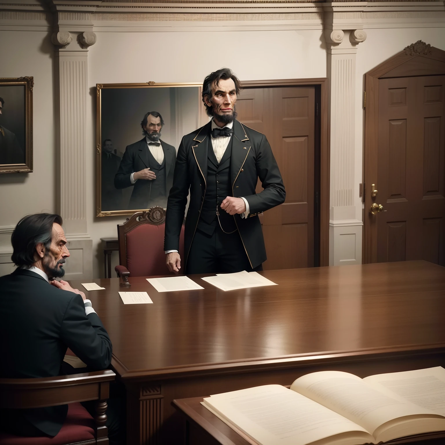 Wide angle shot of united state parliament, a scene at 1860s, american senators, (8k, RAW photo, best quality, masterpiece:1.2), ultra detailed, official art, photo-realistic:1.37, upper body shot, Abraham Lincoln is talking against slavery, film grain, action pose at senate, extreme wide angle