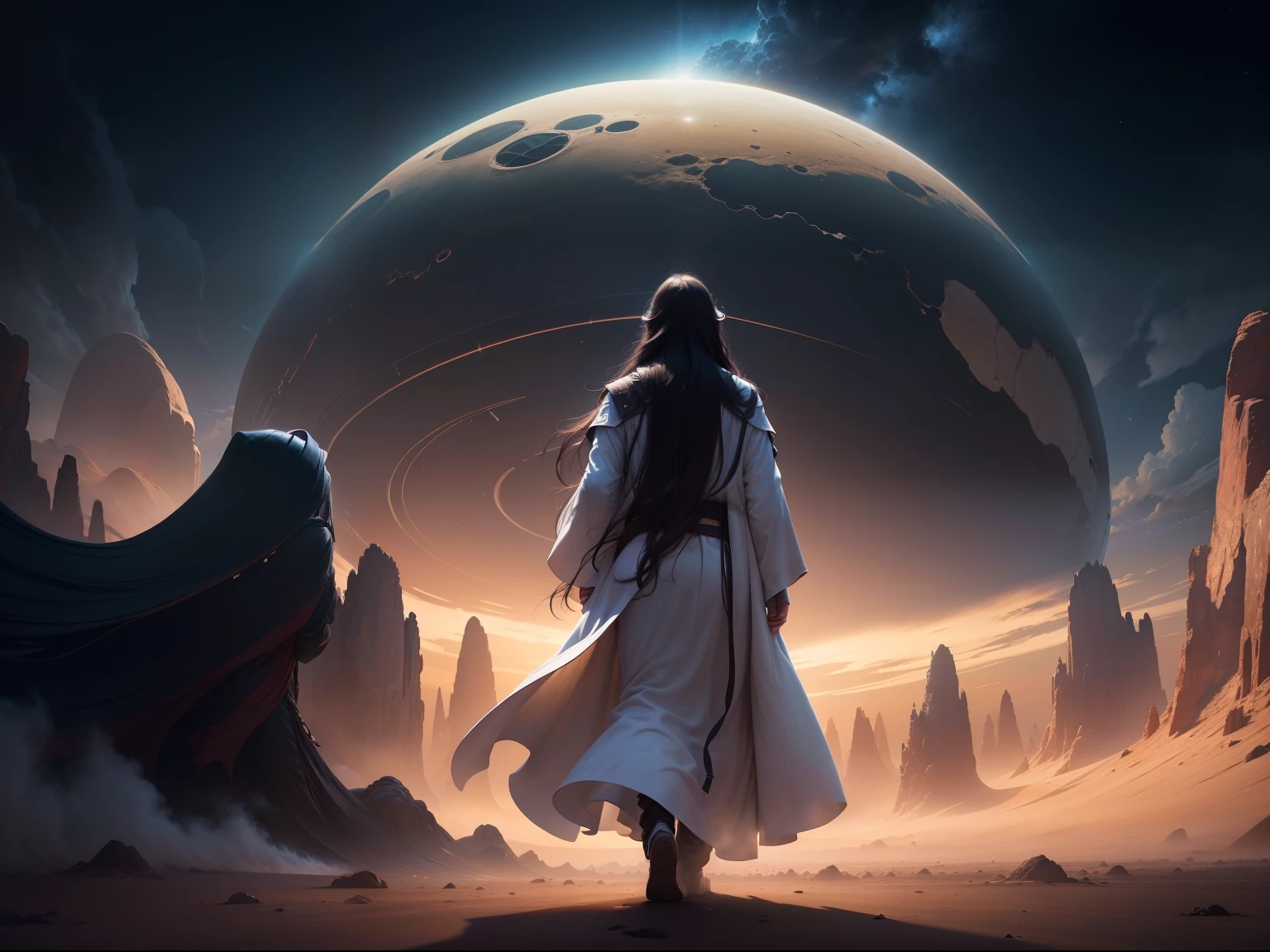 Strange man, long dark wavy hair, wearing long robes, a strikingly beautiful face, walking towards the camera, in black inverse seedpod spaceship, lands on an alien desert planet with many oasis, every step he takes explodes in colored light and sound shockwaves, alien peoples greet him, dusty sky of fluffy clouds muted colors, dusty atmosphere, 64k resolution photorealistic hyperdetailed beginning to see stars in the evening sky, sci-fi fiction paperback novel art style.