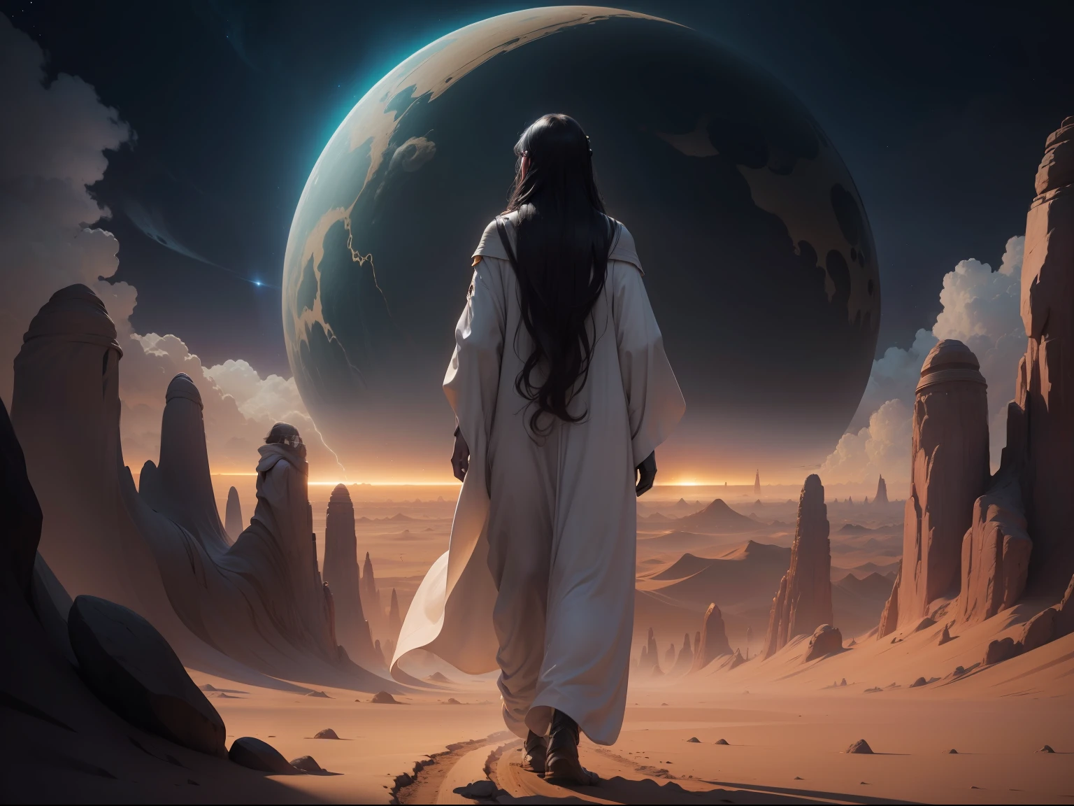 Strange man, long dark wavy hair, wearing long robes, a strikingly beautiful face, walking towards the camera, in black inverse seedpod spaceship, lands on an alien desert planet with many oasis, every step he takes explodes in colored light and sound shockwaves, alien peoples greet him, dusty sky of fluffy clouds muted colors, dusty atmosphere, 64k resolution photorealistic hyperdetailed beginning to see stars in the evening sky, sci-fi fiction paperback novel art style.