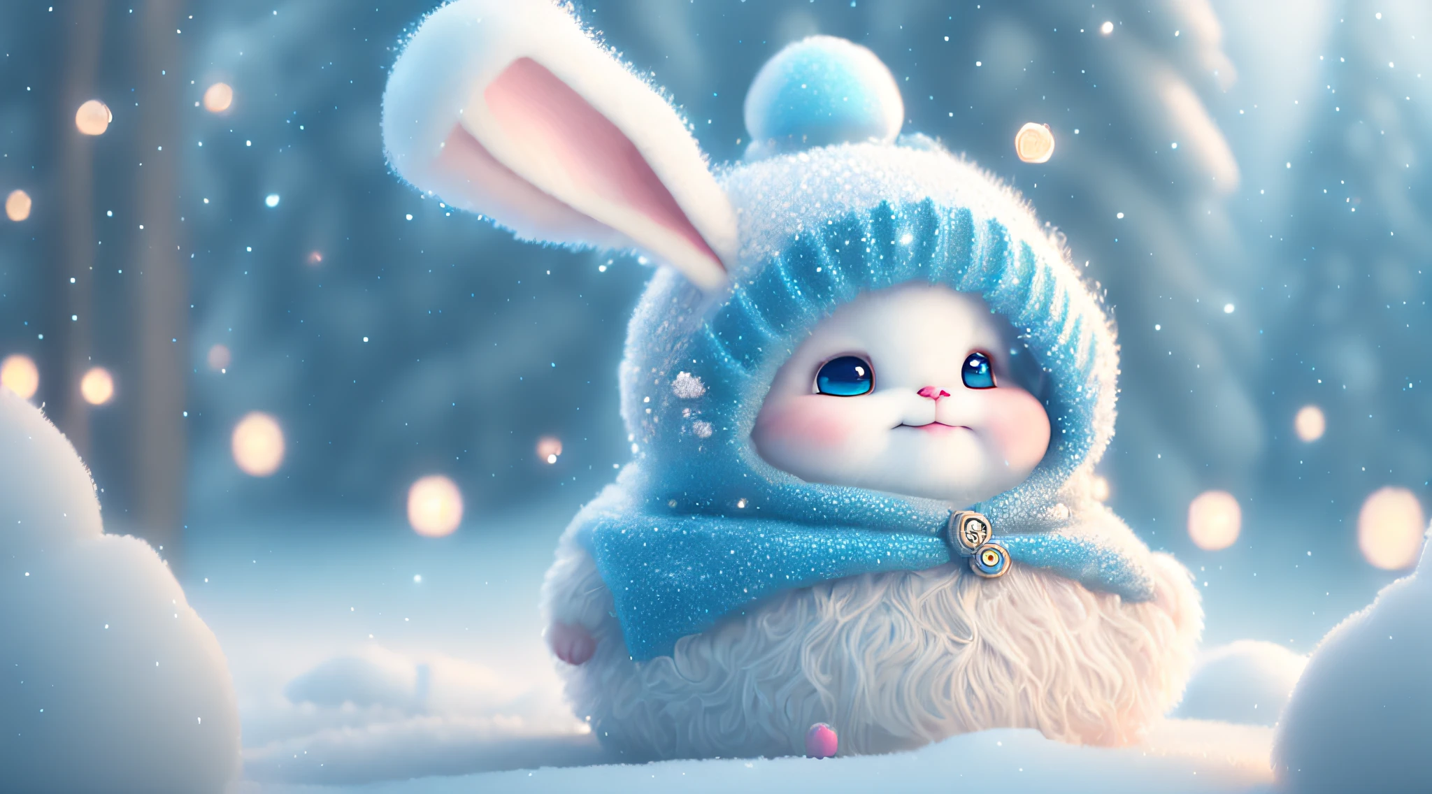 a winter full of regret, drifting snow, a super cute  pixar style white fairy rabbit, shiny snowwhite fluffy, big bright eyes, fluffy tail, wearing a cyan sweater, wearing cyan a hat, smile,delicate and fine, fairy tales, incredibly high detailed, pixar style, bright color , natural light, simple background with pure color,5 and octane render, trending on artstation, gorgeous,ultra wide angle, 8k,hd realistic, 8k hd,mobile pictures, v 4 q 2 2