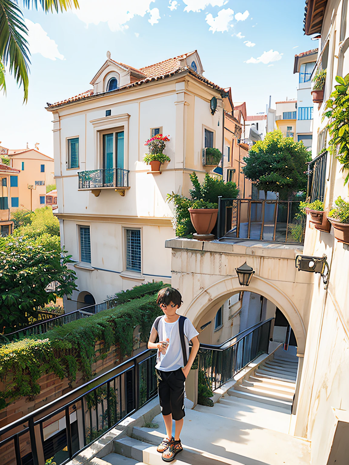 there is a boy that is standing on a set of stairs, mediterranean architecture, inspired by Ricardo Bofill, outdoors tropical cityscape, the neat and dense buildings, residential area, italian mediterranean city, anime style