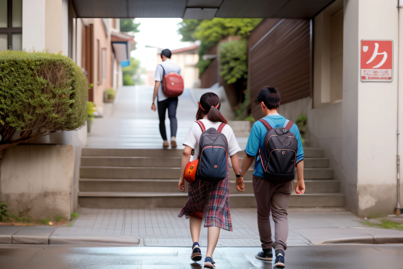 Students carrying school bags，Stepping on the rising sun，Walk towards the school gate，Welcome to a fresh start。