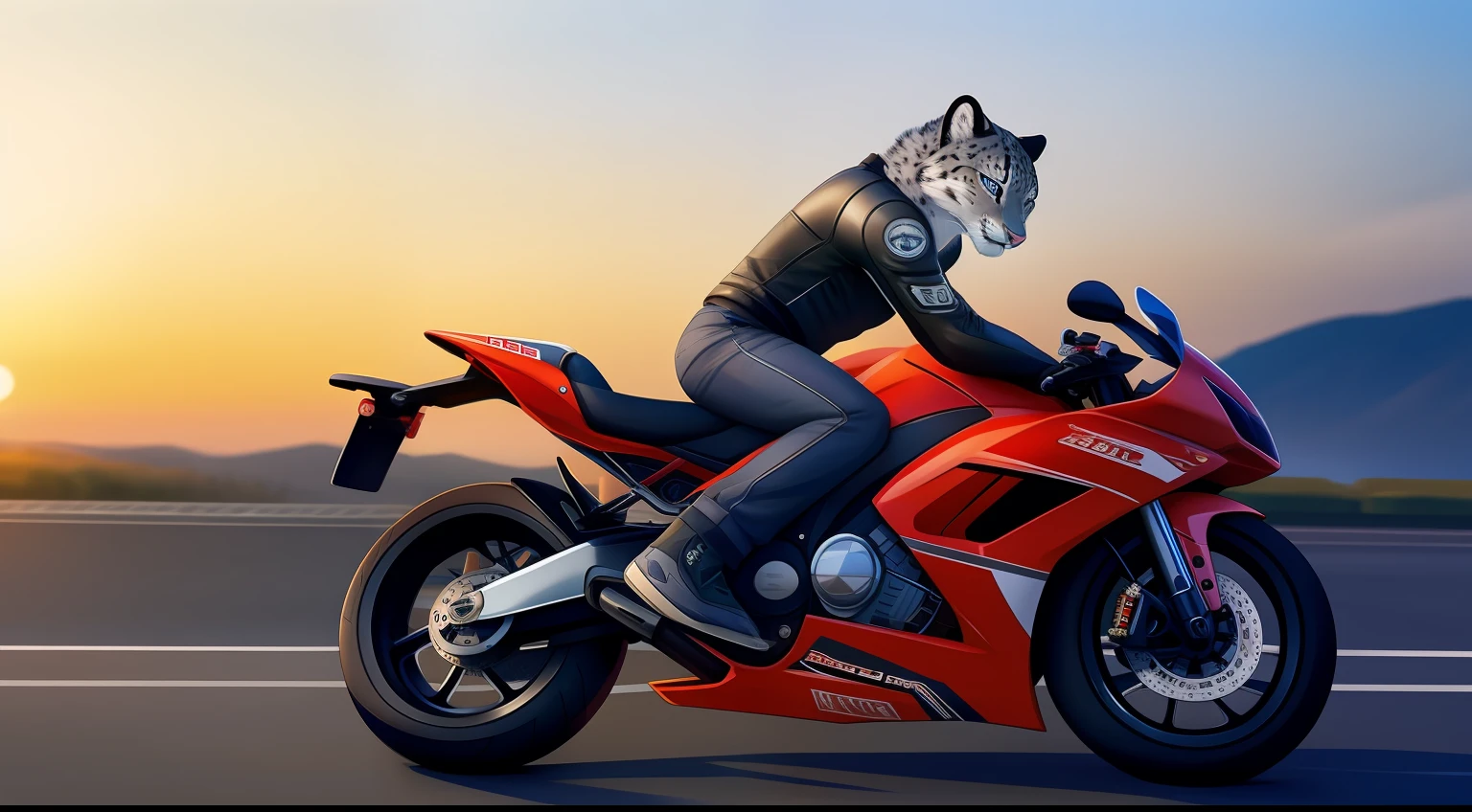 wolflink, female,  smile,  fur,   anthro,panorama, cloth, motorbike, <lora:wolflink-v1-novelai:0.8>