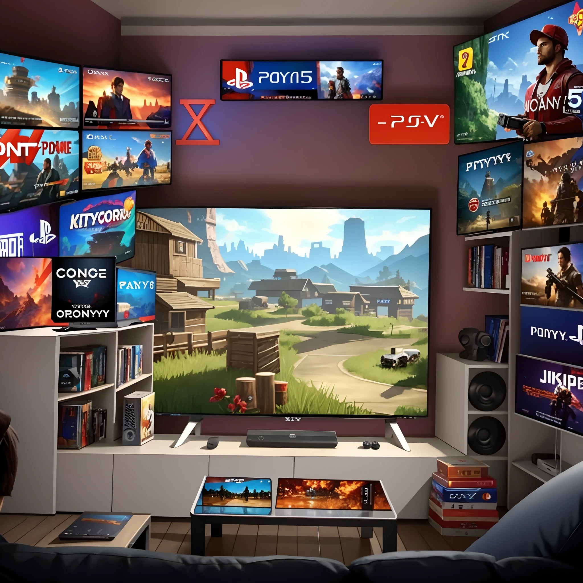 A large TV sits on the table,It's full of video games, playstion 5 screen, playstation 5 screenshot, ps 5 screenshot, gaming console, PlayStation 5 graphics card, pc screen image, PlayStation 6, PS 4 screenshot, PS5 rendering quality, on ps5, front cover of a new video game, PlayStation 3, PS5 games, Featured in IGN, PlayStation 5