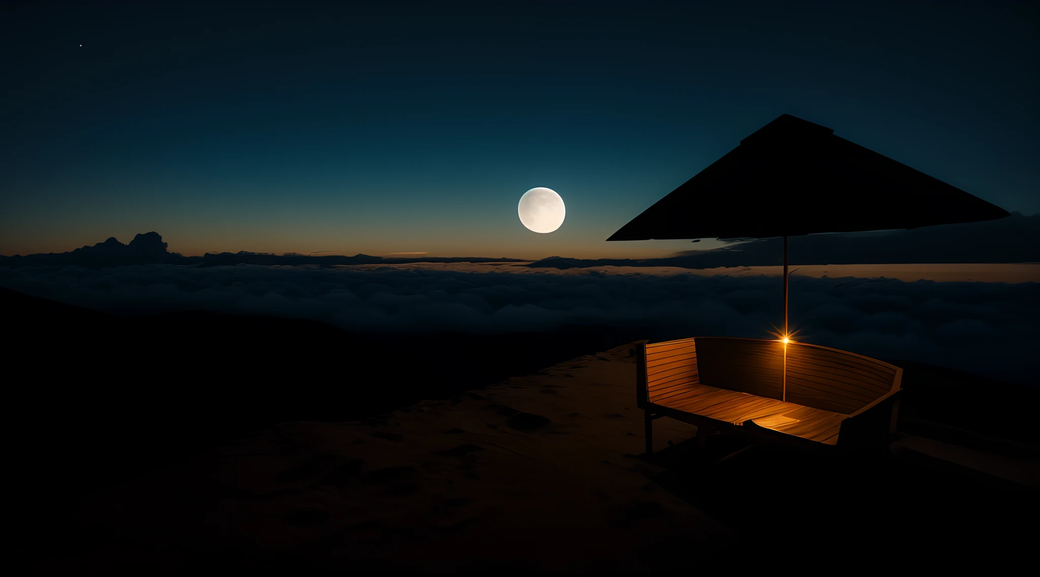 Sit on a small bed made by the moon and drift above the clouds,Overlooking the neon lights of the city below