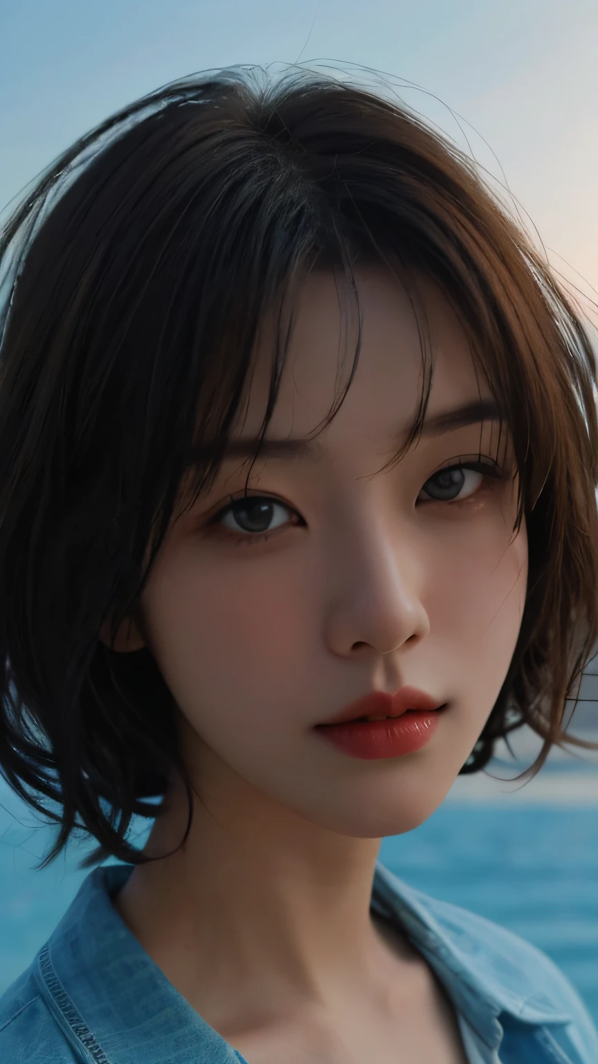 (Detailed and realistic portrait of girl with pretty face)、(Shoot outside,Long narrow eyes and short curly hair)、look straight at the camera、magical photography、Dramatic lighting、Photographic realism、ultra - detailed、
Center image composition,(Close-up Shot Shot:1.6)、top-quality、85 mm、
(28 year old,Asian women), short cut,(black_Eyes:1.2),(By bangs),The shirt,
(Hazy blue_skyporn_Background)、The corners of the mouth are downward、Cowboy shot