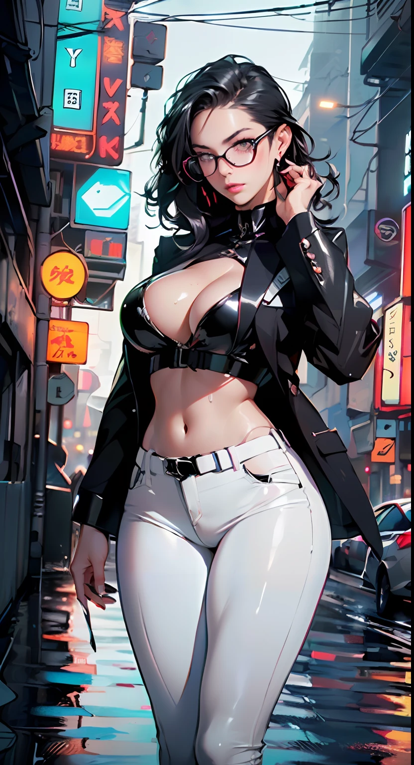 cute girl,(((1girl))),((girl with extremely cute and beautiful black hair)),

(Large breasts:1.4),(((black hair:1.35,colored inner hair,ear breathing,large hair,tomboy haircut))),((green eyes,perfect eyes,upturned eyes:1.3,beautiful detailed eyes,finely detailed beautiful eyes:1,big highlight on eyes:1.2,slanted eyes)),((fat)),((lustrous skin:1.5,bright skin: 1.5,skin tanned,shiny skin,very shiny skin,shiny body,plastic glitter skin,exaggerated shiny skin,illuminated skin,wet legs))),(spider lower abdomen,narrow waist,wide hip,athletic body,inflated legs,delicate detailed fingers,detailed body,human hands,(detailed face)),

cute,slutty,seductive,??????,(((nsfw))),

((((glasses)))),(((wearing white formal blazer,black formal pants,))),(((huge cleavage))),((wet clothes,detailed outfit,detailed clothes)),

(dynamic pose:1.0),solo focus,embarrassed,(centered,scale to fit dimensions,Rule of thirds),

((((cyberpunk city by the ocean,neon signs,puddles)))),stormy sky,threatening sky,dark clouds,((synthwave background theme,detailed background : 1.25)),((((night,nice lighting decorations,detailed architecture)))),

(best quality,high resolution,sharp focus,ultra detailed,extremely detailed,extremely high quality artwork,(realistic,photorealistic:1.37),8k_wallpaper,(extremely detailed CG 8k),(very fine 8K CG),((hyper super ultra detailed perfect piece)),flawless,(((masterpiece))),illustration,vibrant colors,(intricate),High contrast,Selective lighting,Double exposure,HDR (High Dynamic Range),Post-processing,Background blur,colors,(intricate),High contrast,Selective lighting,Double exposure,HDR (High Dynamic Range),Post-processing,Background blur,