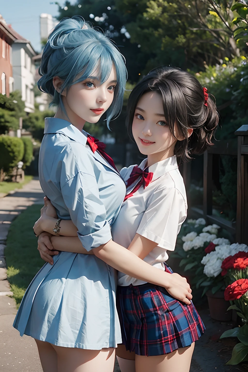 ((Two girls,duo,Face focus,caressing the,Postural collar))"Beautiful female characters in anime style、navel,Short blue hair、eBlue eyes、A smile、blazers、white  shirt、red bowtie、red plaid skirt、Figures in black stockings、Bouquet in hand、Scene of dancing in a summer garden。With high-quality depictions and the highest quality、emphasizing thighs、In the bright sun、The whole body glows、Paint a gorgeous picture。" A high resolution， the detail， RAW photogr， Sharp Re， Nikon D850 Film Stock Photo by Jefferies Lee 4 Kodak Portra 400 Camera F1.6 shots, Rich colors, ultra-realistic vivid textures, Dramatic lighting, Unreal Engine Art Station Trend, cinestir 800，
(Photography：Canon EOS R6, 85 mm, 1/1250, f/2.0, ISO 400)、extra detailed body、extra detailed face、best qualtiy:1.2)