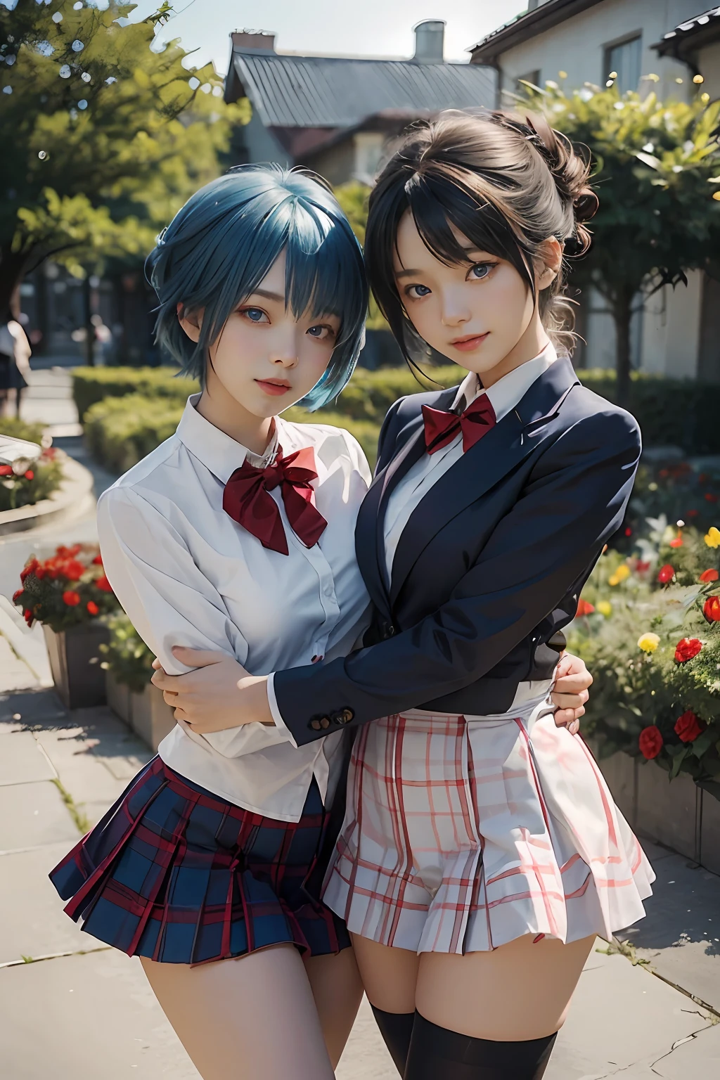 ((Two girls,duo,caressing the))"Beautiful female characters in anime style、Short blue hair、eBlue eyes、A smile、blazers、white shirt、red bowtie、red plaid skirt、Figures in black stockings、Bouquet in hand、Scene of dancing in a summer garden。With high-quality depictions and the highest quality、emphasizing thighs、In the bright sun、The whole body glows、Paint a gorgeous picture。"