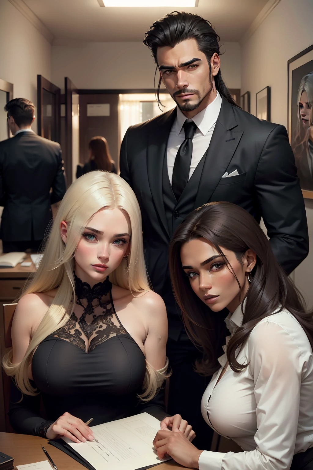 Arte estilo novel,1 homem,cabelos curtos negros,olhos escuros,manly,usando terno escuro,Beautiful and attractive accompanied by two beautiful secretaries from his office