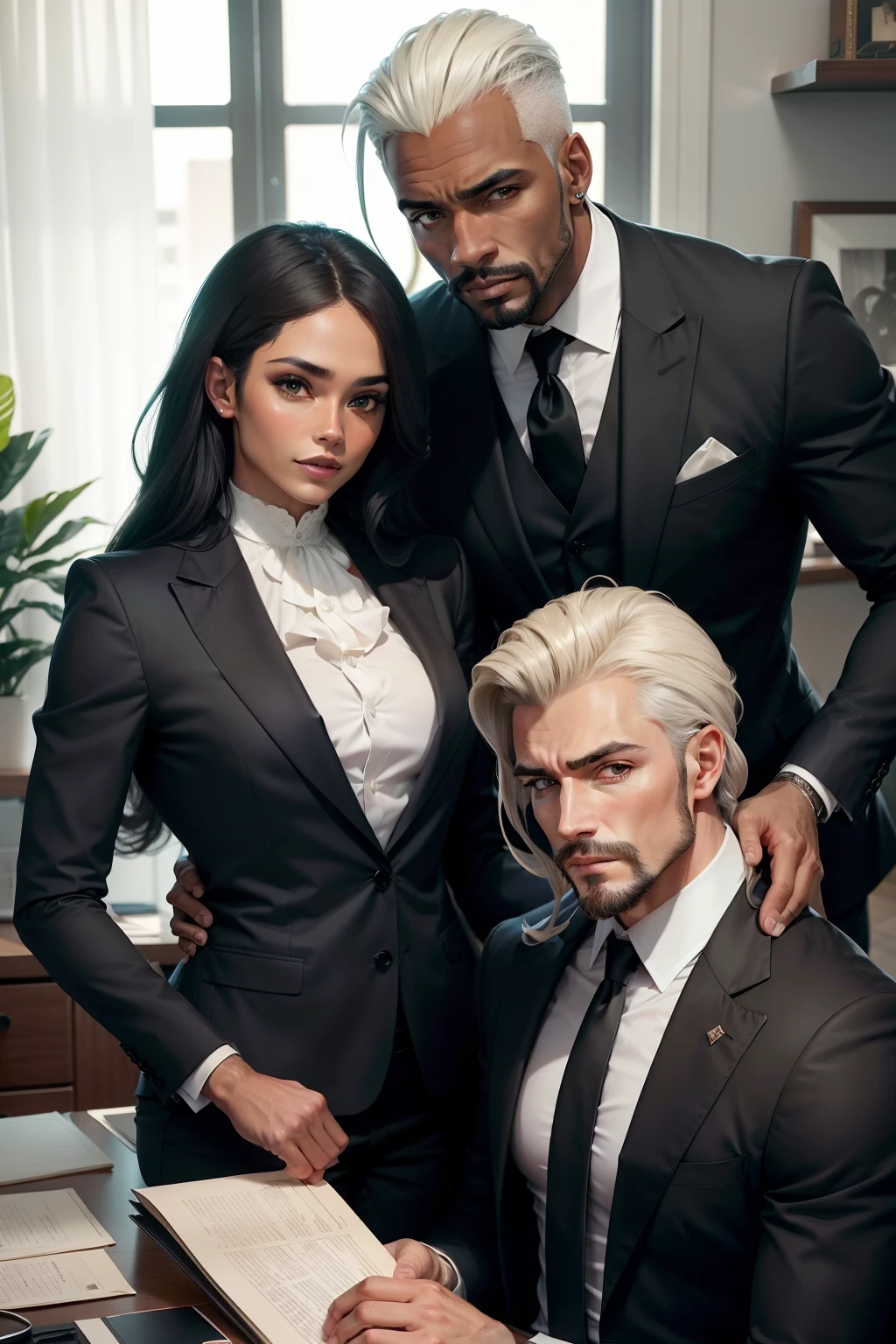 Arte estilo novel,1 homem,cabelos curtos negros,olhos escuros,manly,usando terno escuro,Beautiful and attractive accompanied by two beautiful secretaries from his office