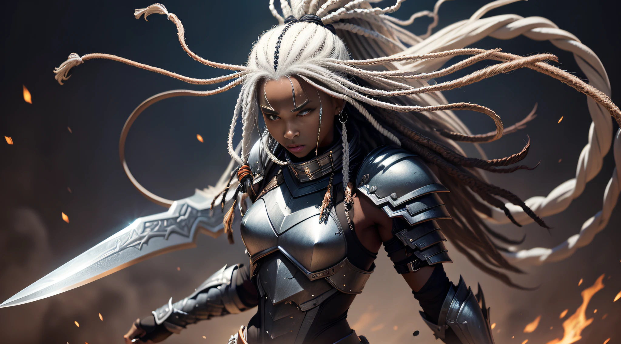 black warrior woman, jagged blade, white dreadlocks, body armor