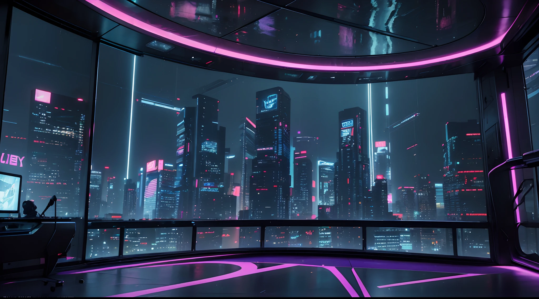 Best image quality, Masterpiece, Ultra-high resolution, (Fidelity:1.4), Photo, Dim, Darkness, Movie, ((Cyberpunk)), cyber outfit, Futuristic, ((Award-winning ultra-realistic photos)),((tmasterpiece)),(Hyper-detailing),(Complicated details),(High resolution CGI artwork 8k),Futuristic cyberpunk living room/Bedrooms/kitchens/terrazzo,big window,Busy and colorful、Detailed cyberpunk cityscape。Futuristic style,There are many colors and LED lights。The cityscape should be very detailed,depth of fields。Create depth with atmospheric lighting,Evoke the feeling of a busy futuristic city outside the window。cameras:Wide-angle lens showing rooms and windows。Use atmospheric and volumetric lighting to enhance cityscape detail。The room should be illuminated by the neon lights of the cityscape, Pastel textured colored background, Colourful, vibrant,