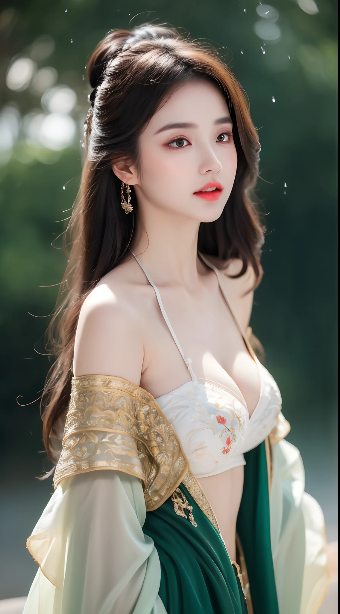 ((Best Quality, 8k, Masterpiece: 1.3)), Focus: 1.2, Perfect Body Beauty: 1.4, Buttocks: 1.2, ((Layered Haircut)), (Wet Clothes: 1.1), (Rain, Street:1.3), (Breasts: 1.2), (Hanfu: 1.2), Bare Shoulders, Bare Legs, Highly Detailed Face and Skin Texture, Fine Eyes, Double Eyelids, Whitened Skin, Long Hair, (Shut Up: 1.5), (Bokeh Background: 1.5), Big Breasts