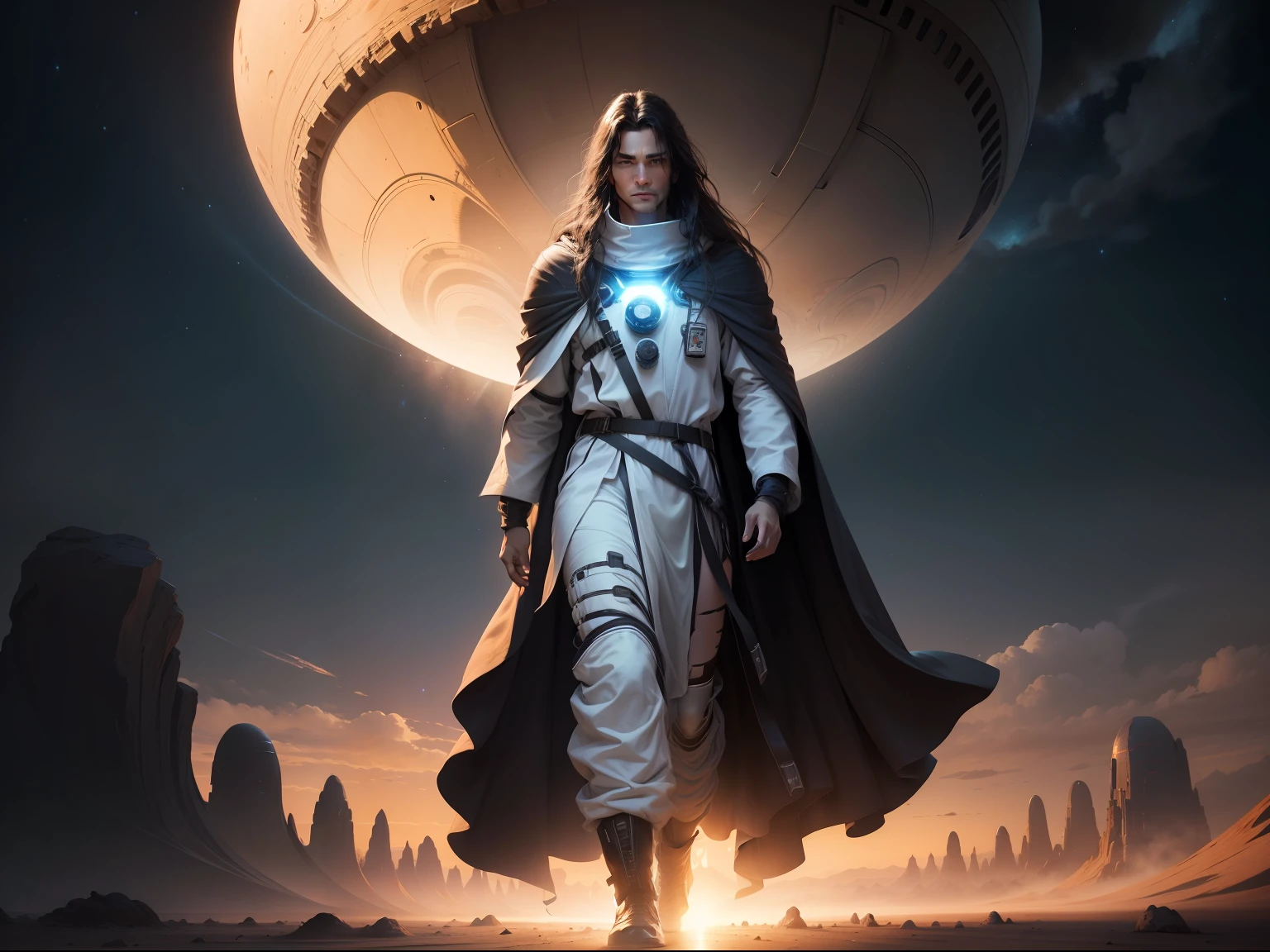 Strange space man, long dark wavy hair, wearing long robes, a strikingly beautiful face, walking towards the camera, in black inverse seedpod spaceship, lands on an alien desert planet with many oasis, every step he takes explodes in colored light and sound shockwaves, alien peoples greet him, dusty sky of fluffy clouds muted colors, dusty atmosphere, 64k resolution photorealistic hyperdetailed beginning to see stars in the evening sky, sci-fi fiction paperback novel art style.