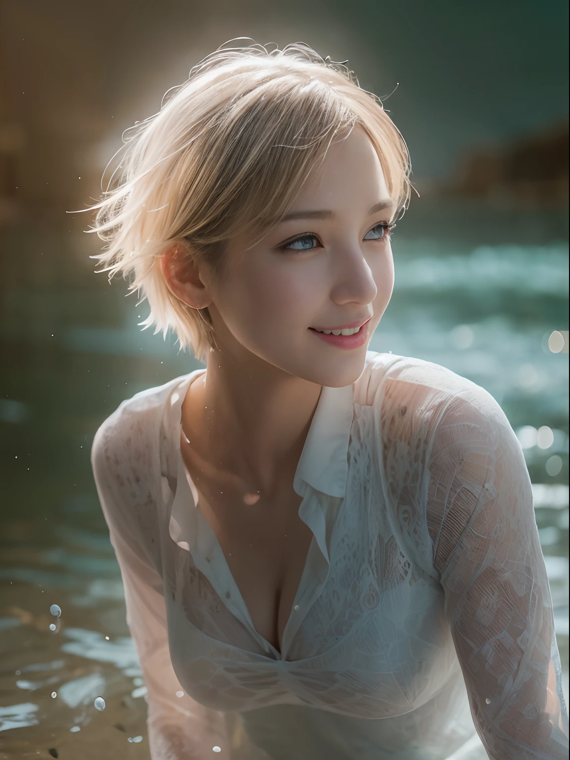 (8k, Best Quality, Masterpiece: 1.2), (Realistic, Photorealistic: 1.37), Super Detailed, 1 Girl, Cute, Alone, Beautiful Detailed Sky, Detailed Cafe, Night, Sitting, Date, ( Nose blush), (smile: 1.15), (close mouth) small breasts, beautiful details, (collared shirt: 1.1), night, wet, business wear, rain, white lace, (short hair: 1.2), floating Hair NovaFrogStyle,