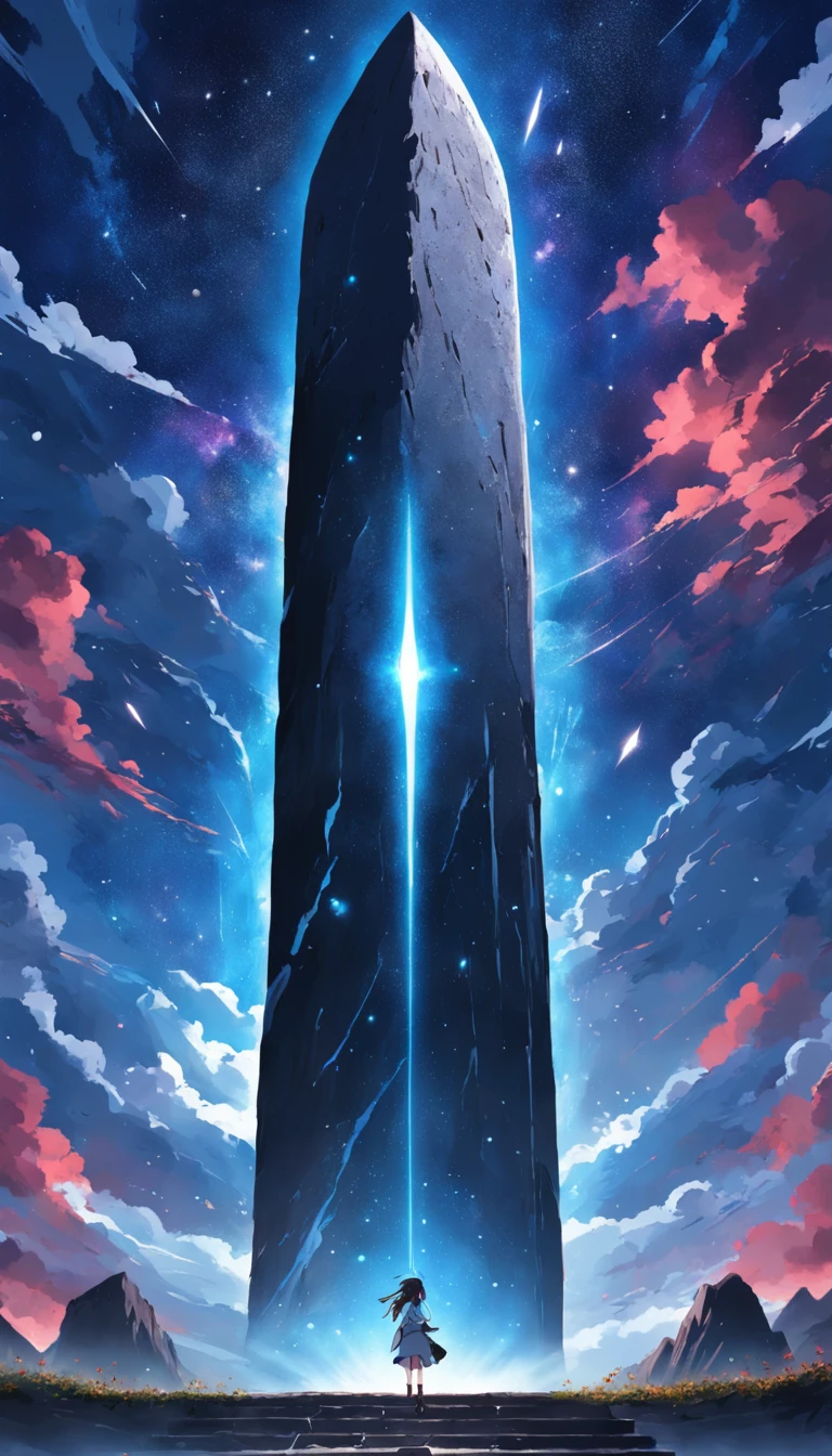 A stone stele floats in the starry sky,The stele is covered with unknown text,A spaceship is suspended in front of the stele,There are no characters and no ground in the picture