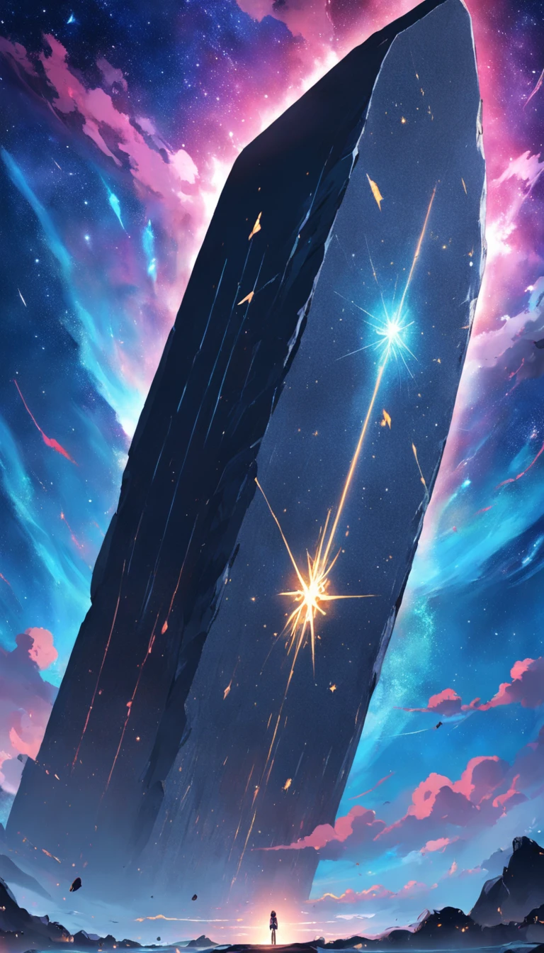 A stone stele floats in the starry sky，The stele is covered with unknown text，A spaceship is suspended in front of the stele，There are no characters and no ground in the picture