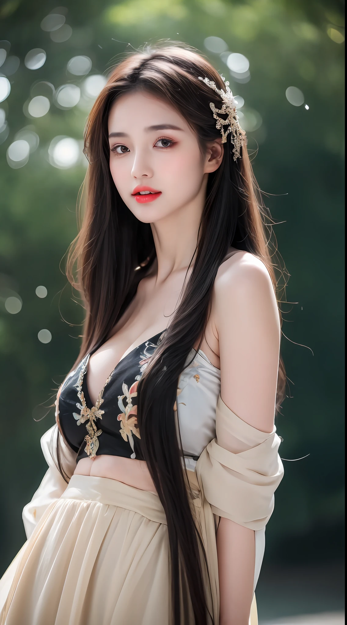 ((Best Quality, 8k, Masterpiece: 1.3)), Focus: 1.2, Perfect Body Beauty: 1.4, Buttocks: 1.2, ((Layered Haircut)), (Wet Clothes: 1.1), (Rain, Street:1.3), (Breasts: 1.2), (Hanfu: 1.2), Bare Shoulders, Bare Legs, Highly Detailed Face and Skin Texture, Fine Eyes, Double Eyelids, Whitened Skin, Long Hair, (Shut Up: 1.5), (Bokeh Background: 1.5), Big Breasts