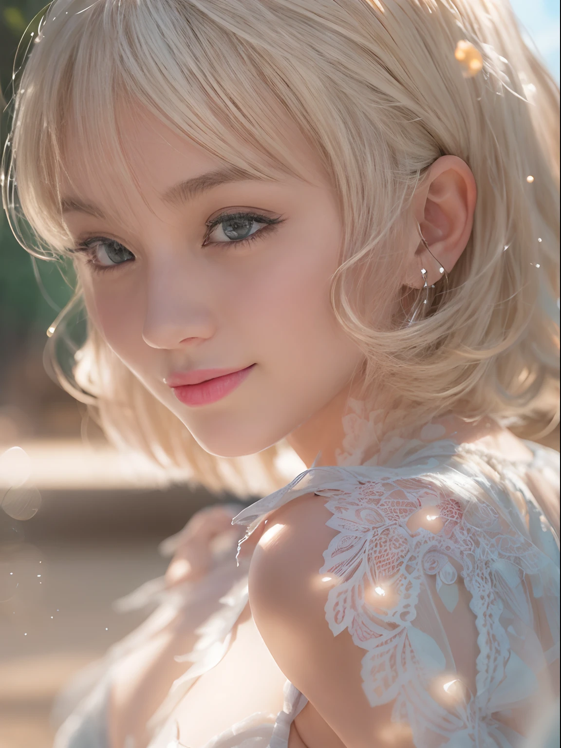 masterpiece), (((super realistic photo of a poor beautiful girl))), (((well-focused))), (((photo of a perfect realism with contrasting light and shadow))), smiling, natural smile line, she smiles shyly, slender, realistic sized blue eyes, (portrait of beautiful girl),teen, (((straight blond short hair))), slender waist and beautiful legs, wet lips without lipstick, shiny pale skin, slender, well-shaped bridge of nose, sharp jawline, (cheeks are flushed), sunlight, cinematic light, bangs, detailed hairstyle, perfect anatomy, full body, centered image, stylized, bioluminescence, 8 life size,4k Resolution, human hands, wonderful, elegant, approaching perfection, dynamic, highly detailed, character sheet, concept art, 3d,jumping on the beach, splash, fractal art, crystallineAI, from below, naked