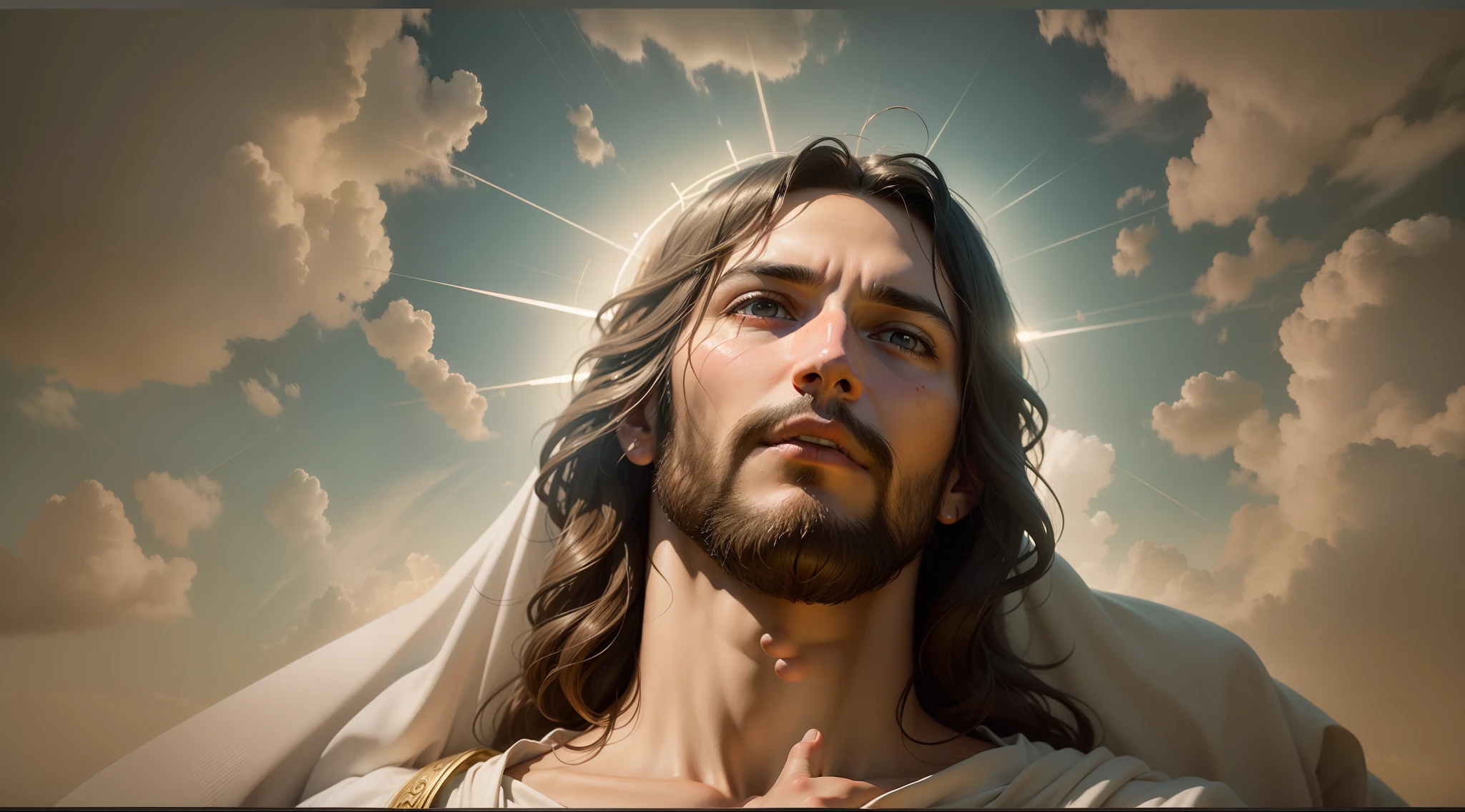 Nesta cena, Jesus is portrayed in heaven, irradiando divindade e serenidade. The atmosphere is ethereal, com suaves raios de luz iluminando os arredores. The composition is carefully framed, capturando Jesus no centro, surrounded by a paradisiacal setting. The camera zooms in to capture all the intricate details, showing the divine characteristics and expression of Jesus. His eyes reflect compassion and wisdom, enquanto seu sorriso sereno exala paz e amor. Dramatic lighting increases the depth and mood of the scene, creating a sense of wonder and reverence. The image is captured with an ultra-detailed camera, garantindo que cada nuance e textura seja fielmente reproduzida. Resolution is set to 8K, proporcionando clareza e realismo impressionantes. Photorealistic rendering brings Jesus to life, Capture the essence of your presence in a tangible and compelling way. The ratio is set to 4:3, allowing a balanced and classic composition. The version used is Midjourney 5.2, Leveraging the latest advances in imaging technology. Camera settings are set to automatic, optimizing exposure and focus to capture the scene in its utmost beauty. No geral, the scene depicts Jesus in all his glory, conveying a sense of divine presence and peace. The combination of ultra-detailed photography, Dramatic lighting and high-resolution rendering create a visually stunning and emotionally resonant depiction of Jesus in heaven.