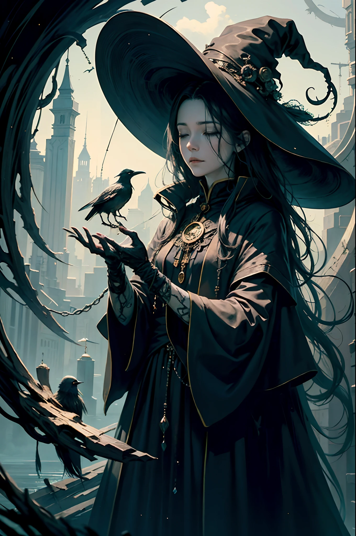 Old witch sitting in a Kadilau chair in the background,She wears a dark blue witch robe,The robe is embroidered with various strange patterns。Her hair was scattered messily across her face,Looks a little tired。She was holding a Soniste crow,The crow's feathers exhibit a deep blue sheen,The eyes shone faintly。
The old witch had a hint of tiredness on her face,Her eyes revealed an unfathomable wisdom and mystery。She closed her eyes slightly,Seems to be thinking about something。Her fingers gently stroked the head of the Soneste crow,It's as if you're feeling its presence。
The Sonest crow sat quietly beside the old witch,It gently flaps its wings with its small paws,Something seems to be waiting for。Its eyes closed slightly,As if contemplating something。
The whole scene is full of mystery and eerie atmosphere,The relationship between the Old Witch and the Sonest Raven seems to transcend the boundaries of humans and animals。The relationship between them seems to have some special meaning,It's curious。