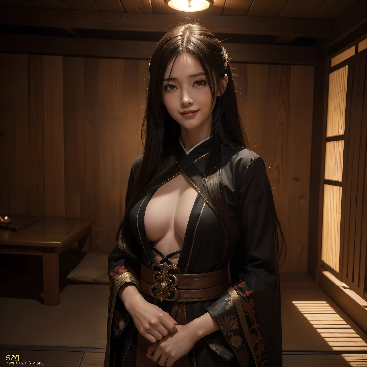 Fantasy Art, Photorealistic, Dynamic lighting, Art Station, Highly detailed face, 4K, Award-winning, , 1girl in, darkness, Deep Shadows, lowkey, Cowboy Shot, Long hair, traditional Japanese room、Looks very happy、Smile、full body Esbian、A slender。