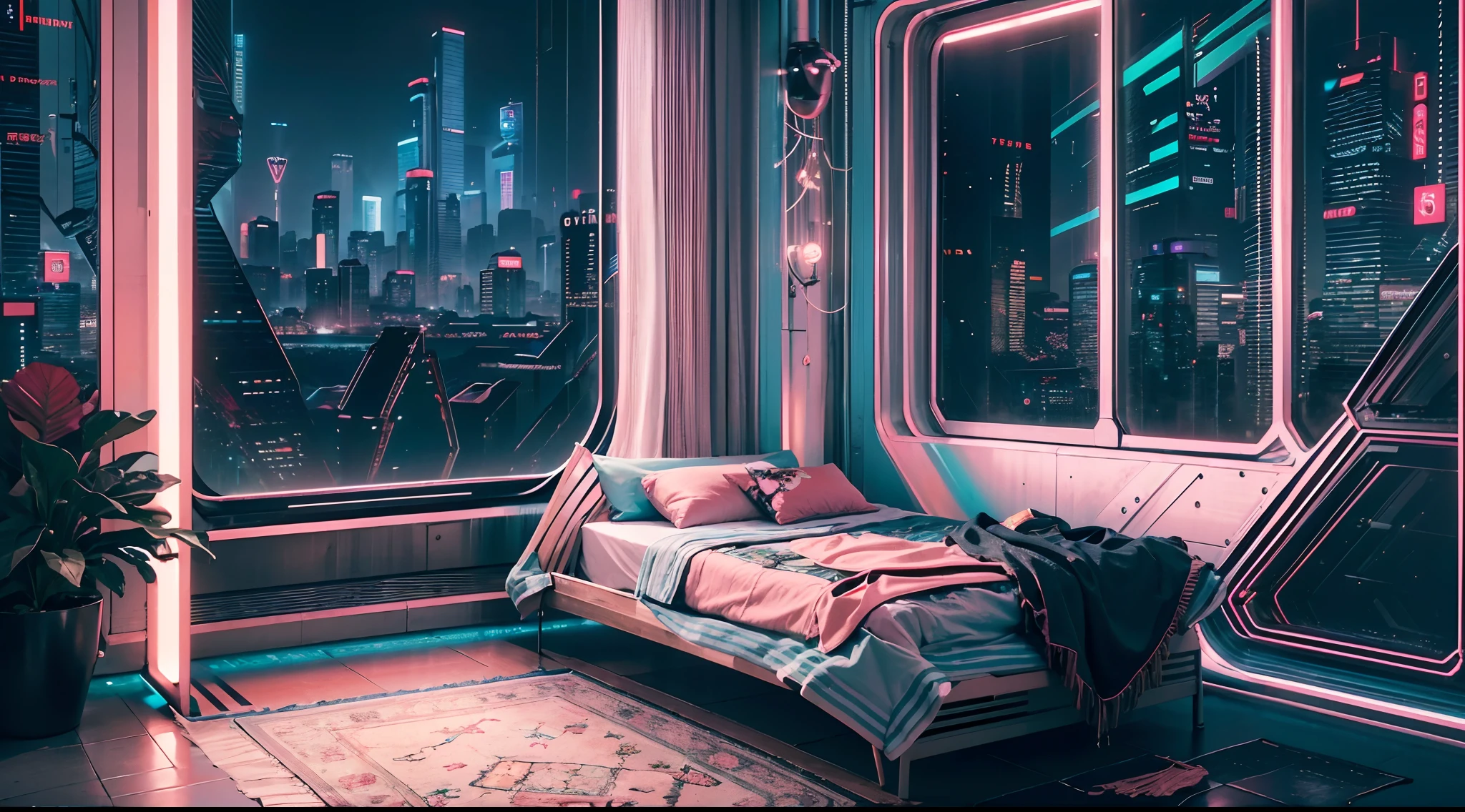 Best image quality, Masterpiece, Ultra-high resolution, (Fidelity:1.4), Photo, Dim, Darkness, Movie, ((Cyberpunk)), cyber outfit, Futuristic, ((Award-winning ultra-realistic photos)),（（tmasterpiece）），（Hyper-detailing），（Complicated details），（High resolution CGI artwork 8k），Futuristic cyberpunk living room/Bedrooms/kitchens/terrazzo，big window，Busy and colorful、Detailed cyberpunk cityscape。Futuristic style，There are many colors and LED lights。The cityscape should be very detailed，depth of fields。Create depth with atmospheric lighting，Evoke the feeling of a busy futuristic city outside the window。cameras：Wide-angle lens showing rooms and windows。Use atmospheric and volumetric lighting to enhance cityscape detail。The room should be illuminated by the neon lights of the cityscape, Pastel textured colored background, Colourful, vibrant,