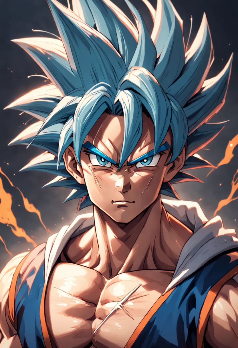 dragon ball goku, retrato de corpo inteiro, um pouco realista, Facial features are carefully described, estilo escurom orifundidade de campos, renderizado, melhor qualidade, 8k foco nitido nos olhos, anatomia correta, com cabelos loiros, com olhos vermelhos, Hate Skewering, Looking at the ground in great anger, dano de batalha, cabelo loiro, faixa azul, dentes cerrados, furioso, foco masculino, musculoso, macho musculoso, peitorais, faixa, solo, cabelo espetado, super saiyan, super saiyan 1, dentes, homem em topless, roupas rasgadas, pulseira