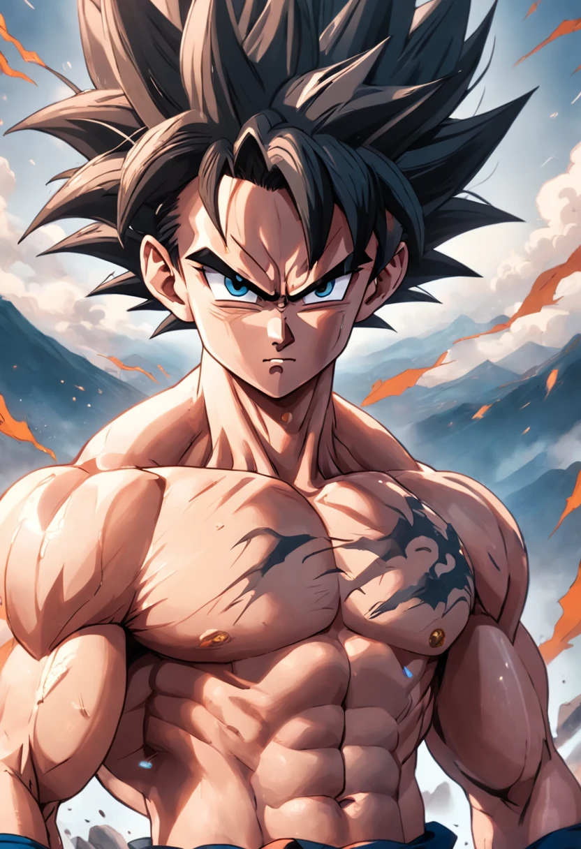 dragon ball goku, retrato de corpo inteiro, um pouco realista, Facial features are carefully described, estilo escurom orifundidade de campos, renderizado, melhor qualidade, 8k foco nitido nos olhos, anatomia correta, com cabelos loiros, com olhos vermelhos, Hate Skewering, Looking at the ground in great anger, dano de batalha, cabelo loiro, faixa azul, dentes cerrados, furioso, foco masculino, musculoso, macho musculoso, peitorais, faixa, solo, cabelo espetado, super saiyan, super saiyan 1, dentes, homem em topless, roupas rasgadas, pulseira