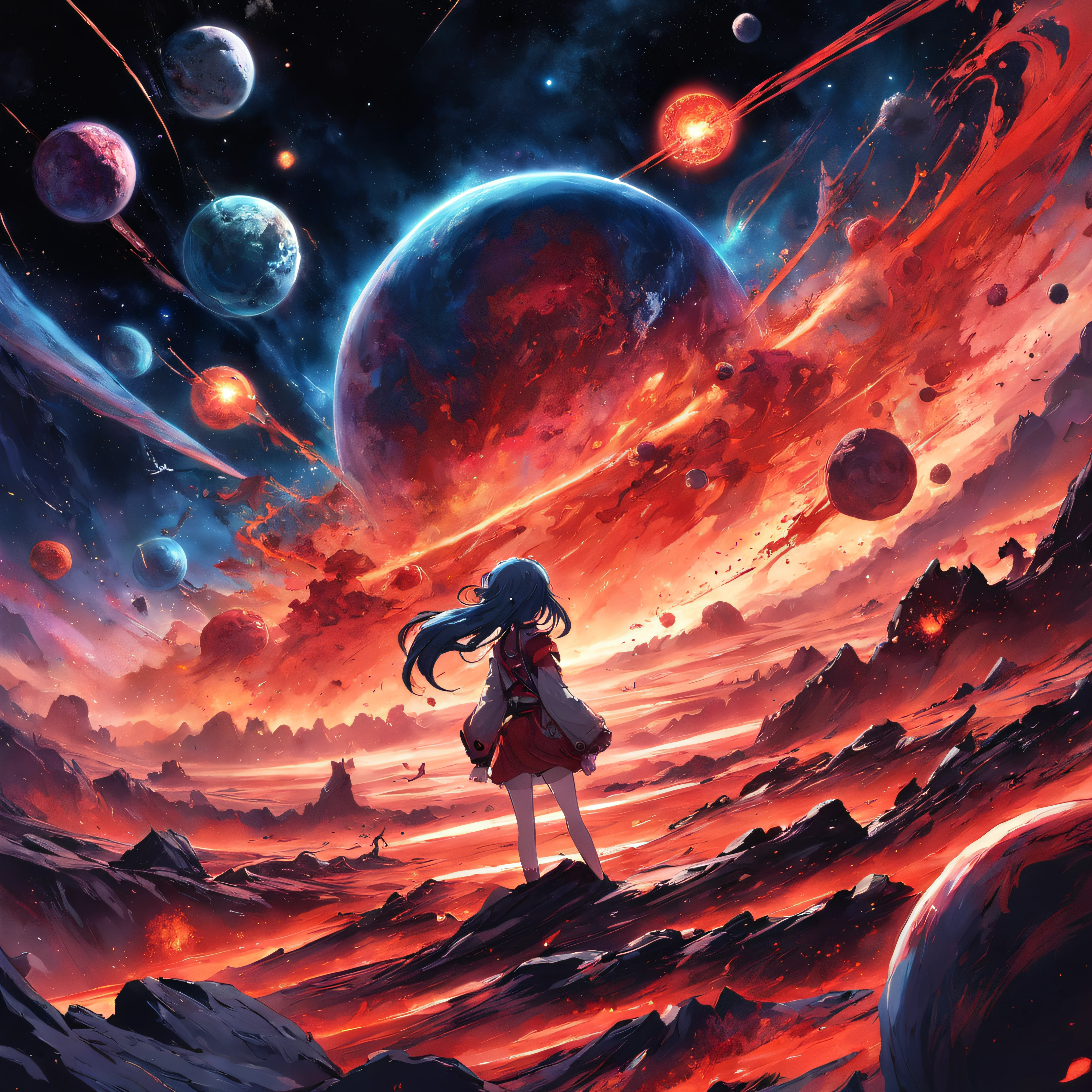 A vast expanse of space outside the universe, with many planets, gods fighting, chaotic and deadly scenes, surrounded by a red color