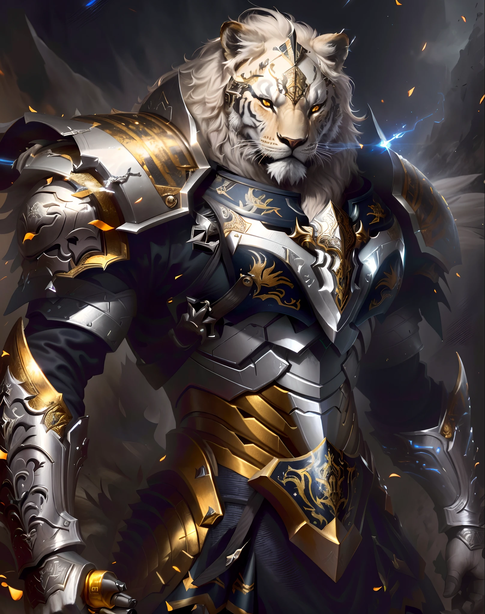 um close up de um tigre vestido com armadura com uma espada, O Cavaleiro da Armadura do Gato Dourado, obra-prima artstation, lion warrior, Arte digital altamente detalhada em 4k, armadura branca e dourada pesada, Arte digital detalhada em 4k, intrincada armadura branca e dourada, Deviantart ArtStation, por Yang J, 8k arte detalhada de alta qualidade, paladino de ouro, 4K fantasia detalhe