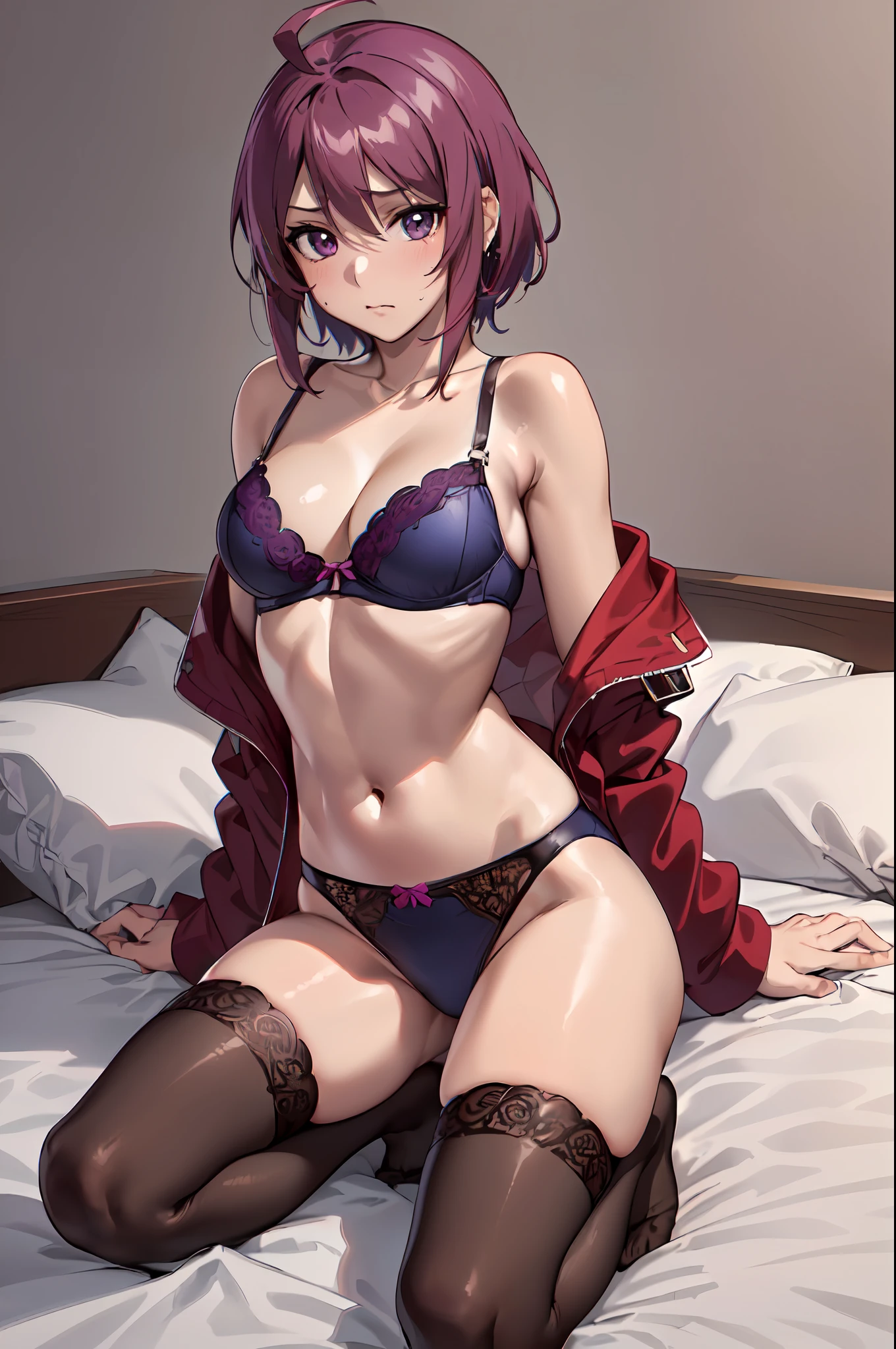 (masutepiece:1.5), (the Extremely Detailed CG Unity 8K Wallpapers:1.3),(Realistic,Photorealsitic,hyper realisitic:1.5),(Curve,Model,glamor:1.5),Beautiful breasts,chromatic abberation,beautiful detailed shadow,Beautiful eyes,Beautiful body,Beautiful skin,beautifull hands,
(1girl in:1.5), (Solo:1.5),(best_quality:1.5), Super Hi-Vision, super detailing, hight resolution, film grains, (Vivid colors :1.4),(a masterpiece of:1.5), top-quality, ,shorth hair, (Ahoge:1.5),Gundam seeddestiny,(Lunamaria Hawk:1.5),Bedroom, Light from the front,(Short hair:1.5),A seductive anime girl,(a red jacket,Red military uniform:1.3),(Open_Jacket:1.4),(Fancy underwear,Dark blue underwear:1.5),(SUI_At the back:1.4), extremely detailed eye,(on the beds,Opening legs:1.4),(Kneel:1.3),(cross one's legs:1.3),
Jewelry、耳Nipple Ring、(hands behind head:1.0)、shinny hair、perspiring、eyeballs、
18year old,High school students,Perfect eyes、face perfect、a navel、Beautiful hair、big eye,(embarrassed:1.4),The bikini、(black thighhighs:1.4),
(Beautiful fece,Large breasts:1.4)、(Beautiful_Face:1.5)、(narrow_waist:1.4)、delicate patterns、intricate detailes、red blush、shinny skin、(Lace-trimmed bra、Highly detailed bra、Small bra、Ren Hao、delicate patterns、intricate detailes)、red blush、shinny skin,(Small underwear:1.5),(Anime girls in lingerie:1.4)、A seductive anime girl、beautiful alluring anime woman、Digital Art in 8K,Smooth Anime CG Art、Fine Detail Anime、anime moe art style、oppai、(Reddish-purple hair, a purple eye, Reddish-purple hair:1.5),