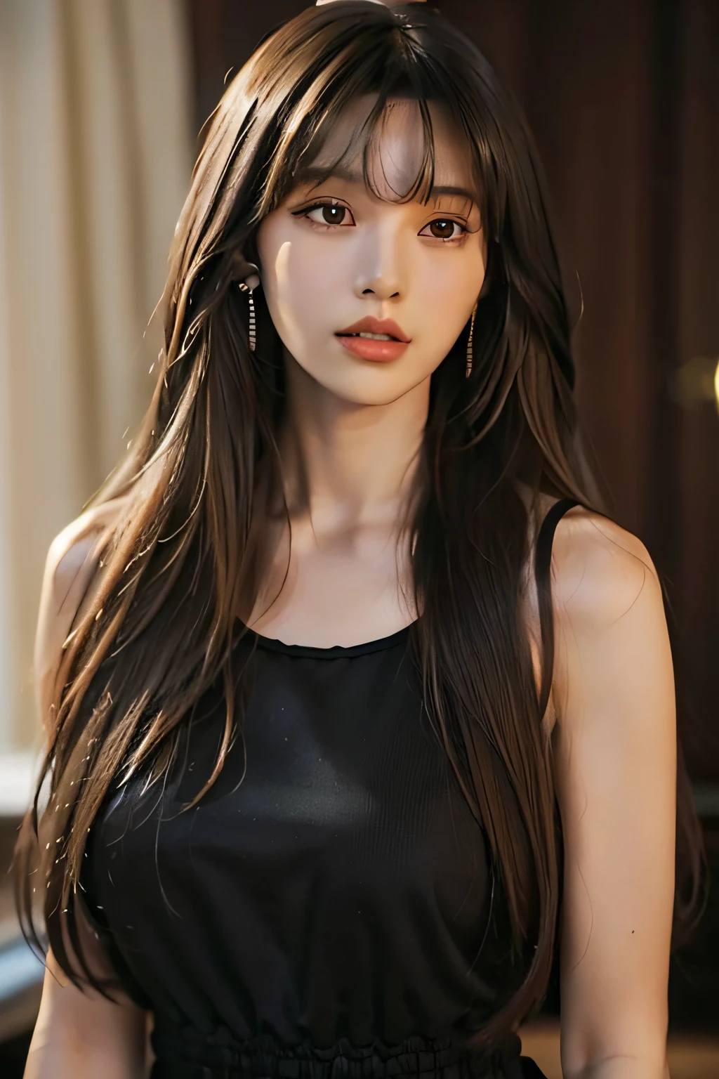 Long haired alafed woman in black top and earrings, neat hair with bangs, mid - length hair, Brown hair with bangs, brown long hair with bangs, brown hair and bangs, Long hair with bangs, mid long hair, shoulder - length hair, shoulder-length hair, long dark hair with bangs, Wavy shoulder-length hair, brown bangs